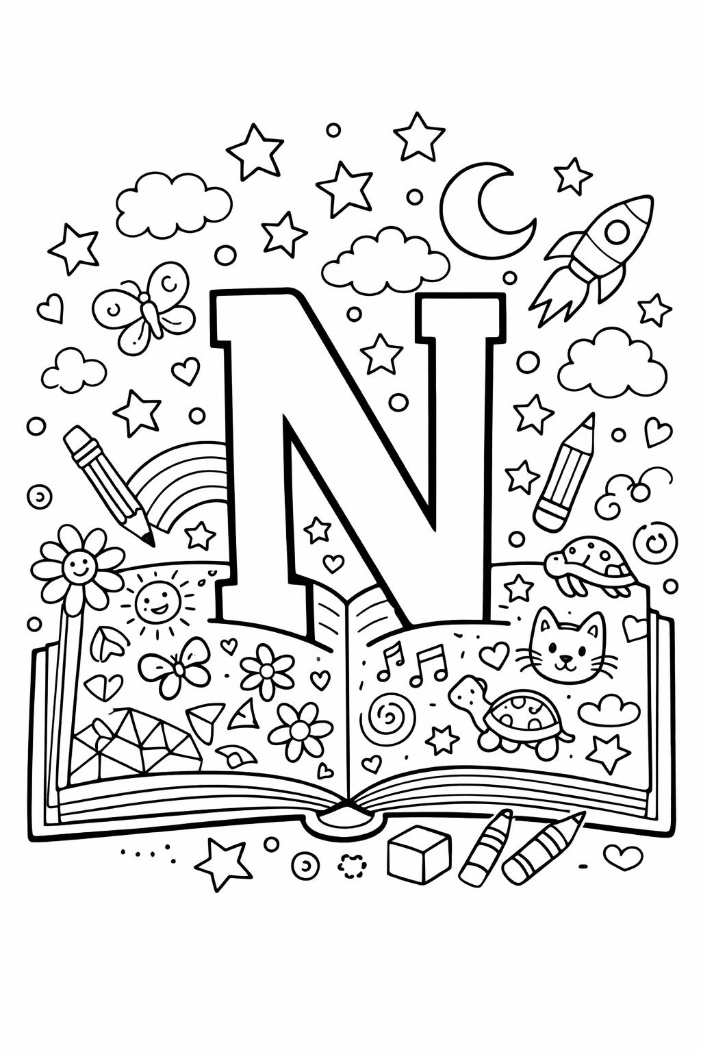 large letter N coloring page | bold alphabet design | preschool activity sheet
