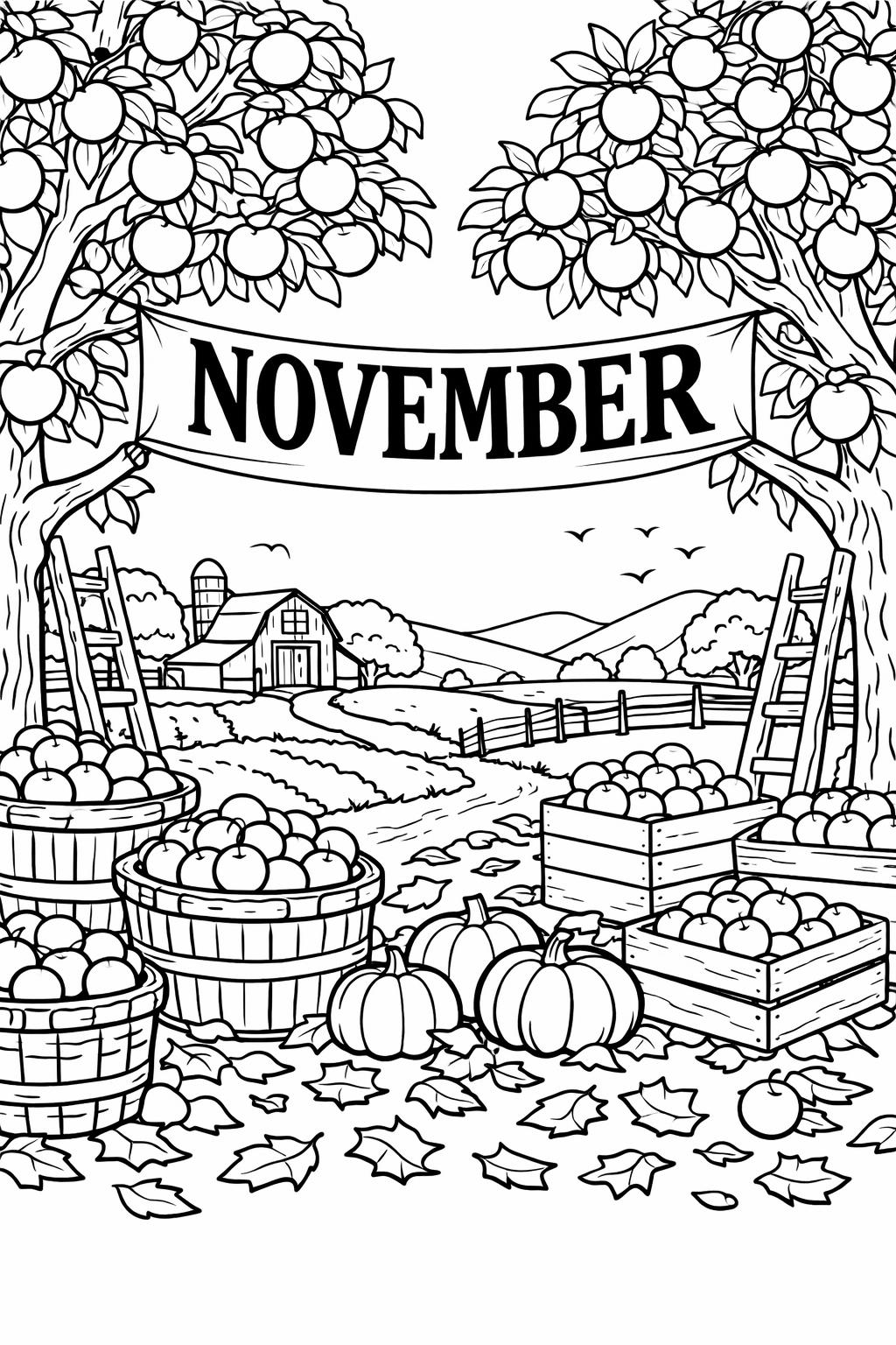 November nature coloring page | autumn outdoor scene | seasonal printable