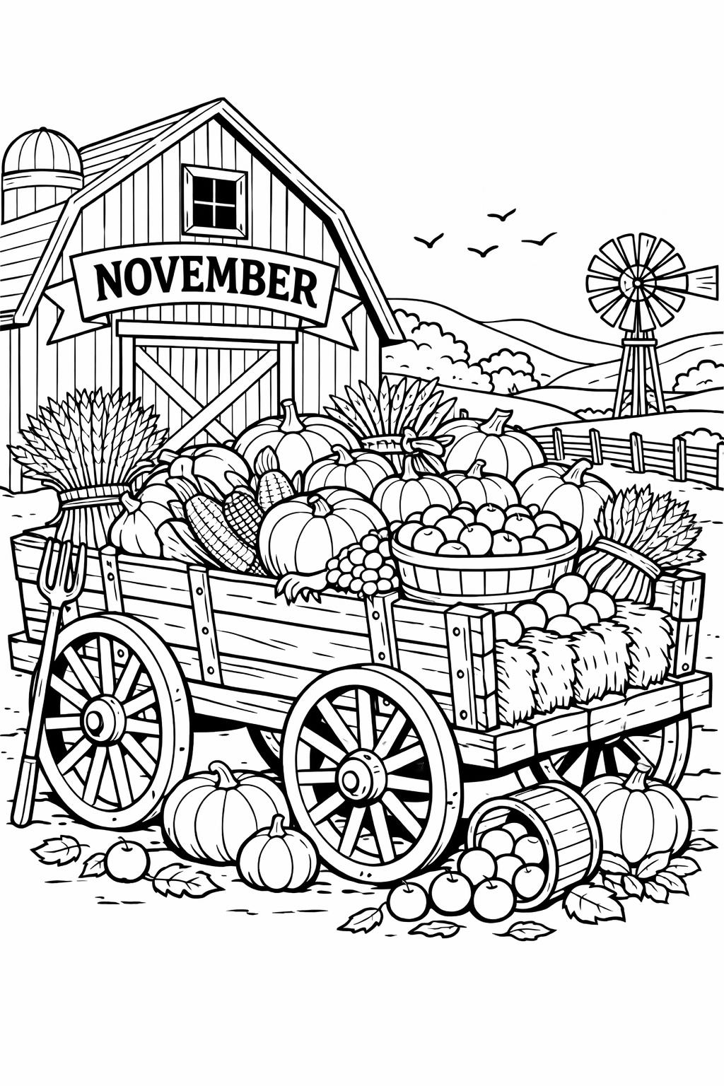harvest basket coloring page | seasonal fruits and vegetables | November activity