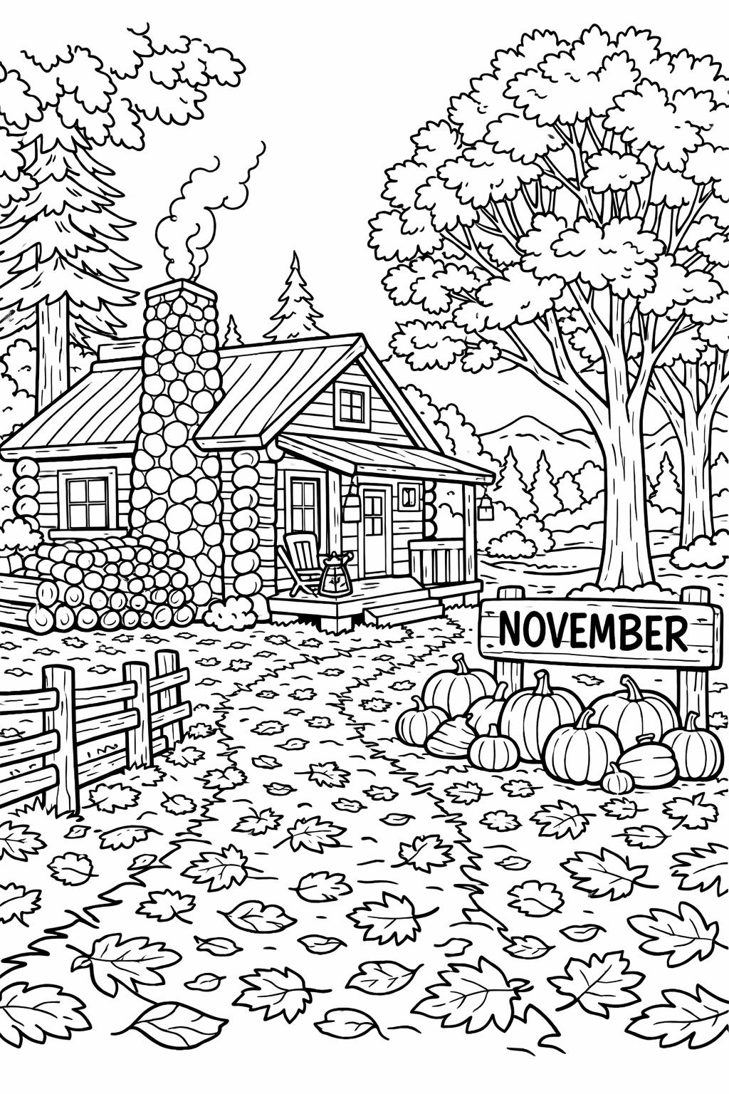 Line drawing of a log cabin with a tall stone chimney, pumpkins nearby, and a 'November' sign among trees and fallen leaves.