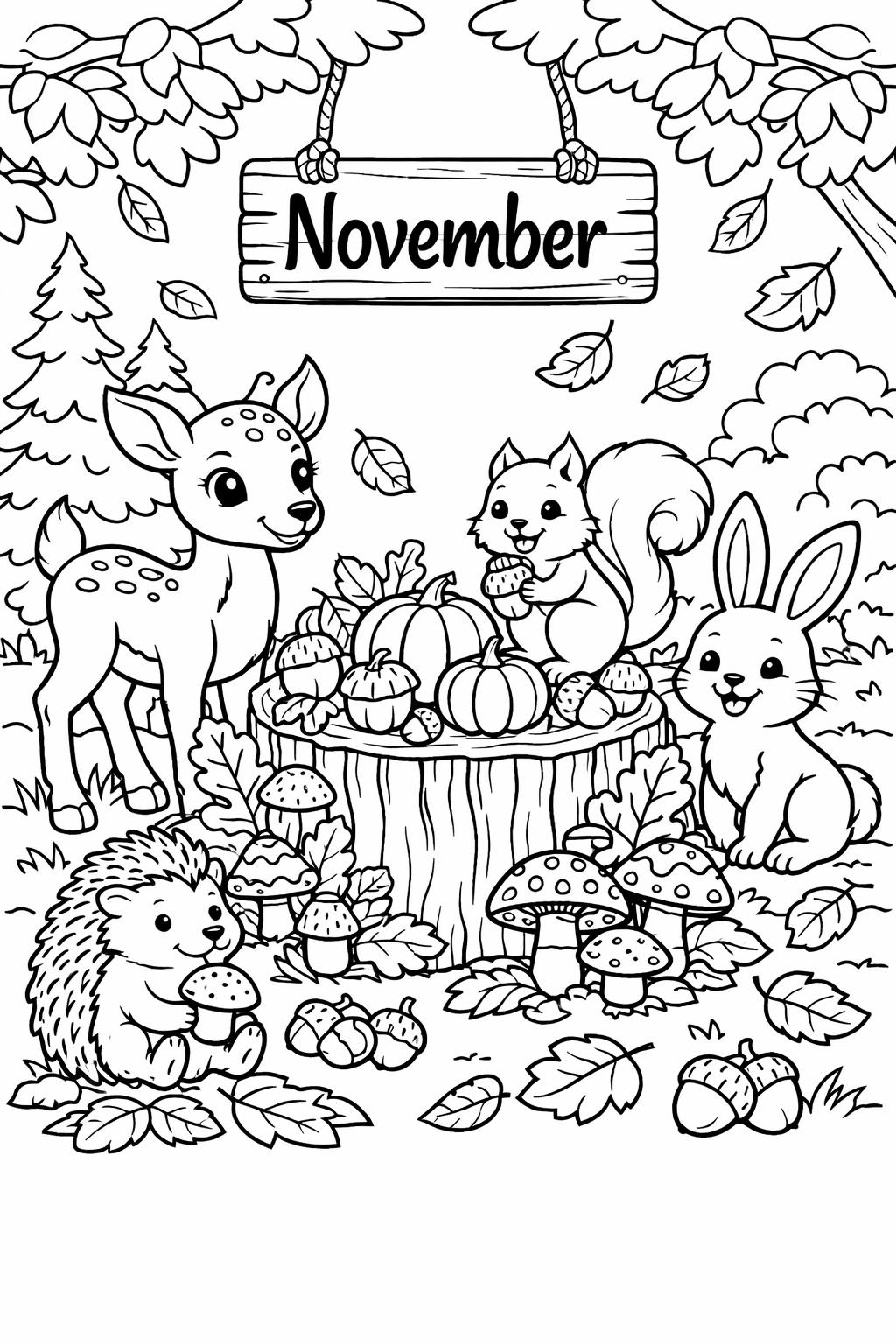 acorn coloring page | woodland fall illustration | November nature activity