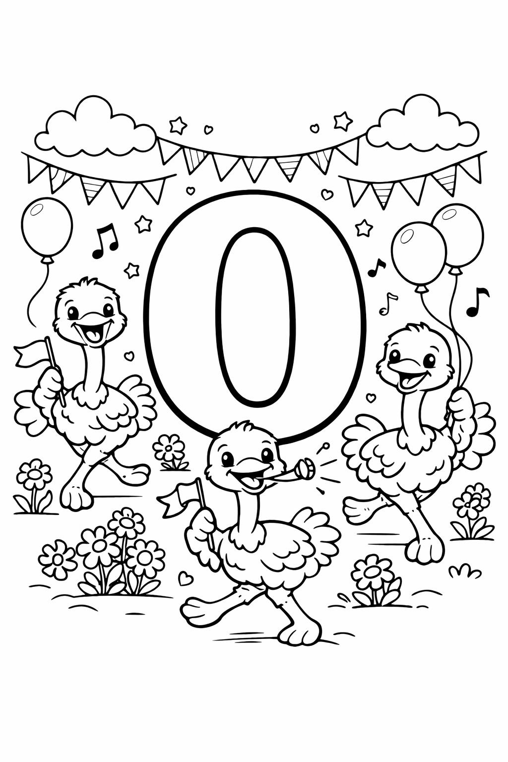 smiling letter O coloring page | cute alphabet illustration | preschool coloring page