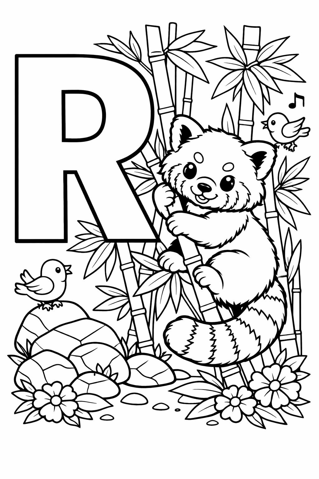 smiling letter R coloring page | cute alphabet illustration | preschool coloring page