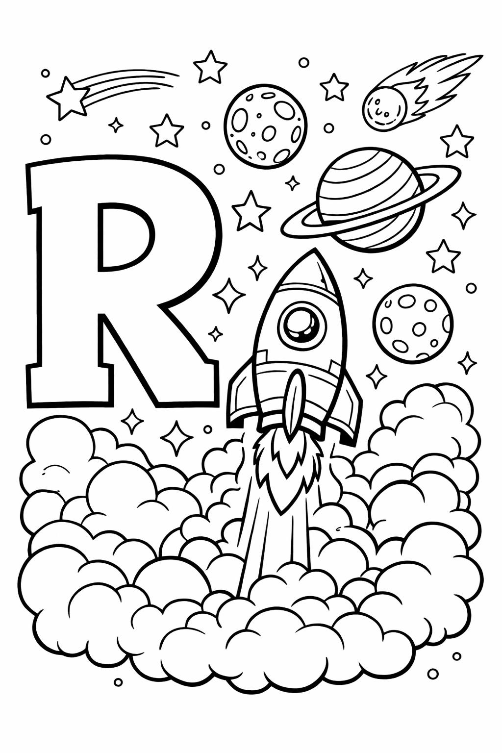 cartoon letter R coloring page | playful alphabet character | fun learning sheet