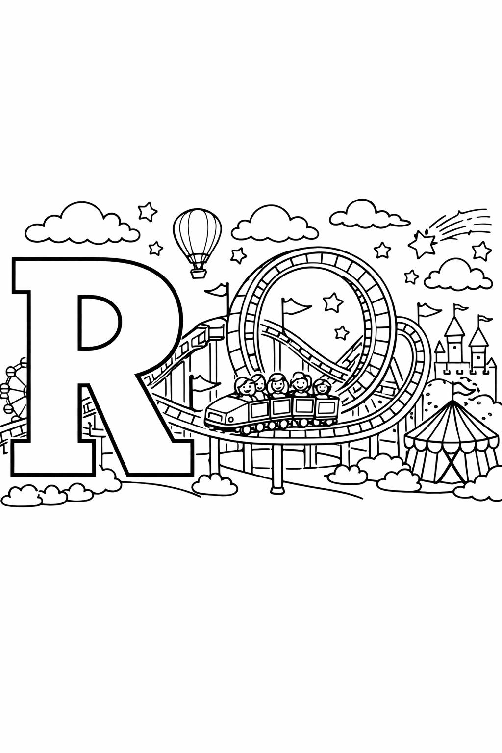 R is for rose coloring page | floral alphabet illustration | educational printable