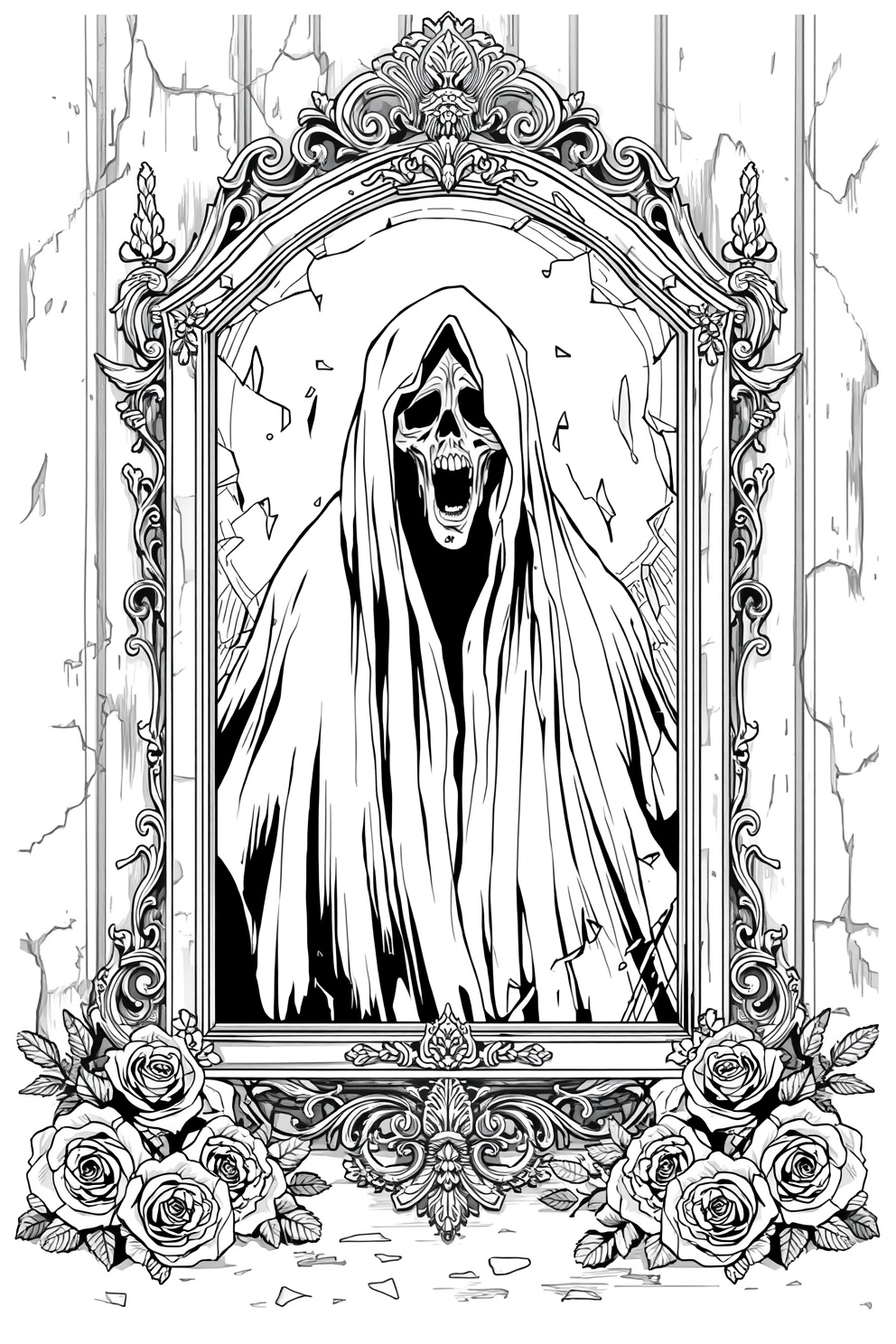 Grim reaper in a hooded cloak emerging from a cracked ornate mirror framed with roses.
