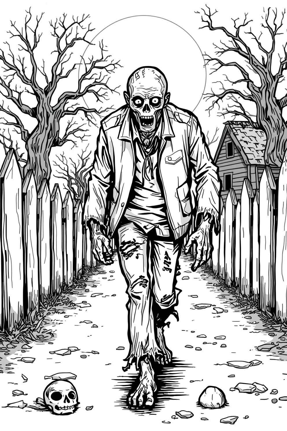 Zombie with torn clothes shuffles down a cracked path between fences, dead trees looming in the background. A skull lies on the ground to the left and a house sits in the distance.