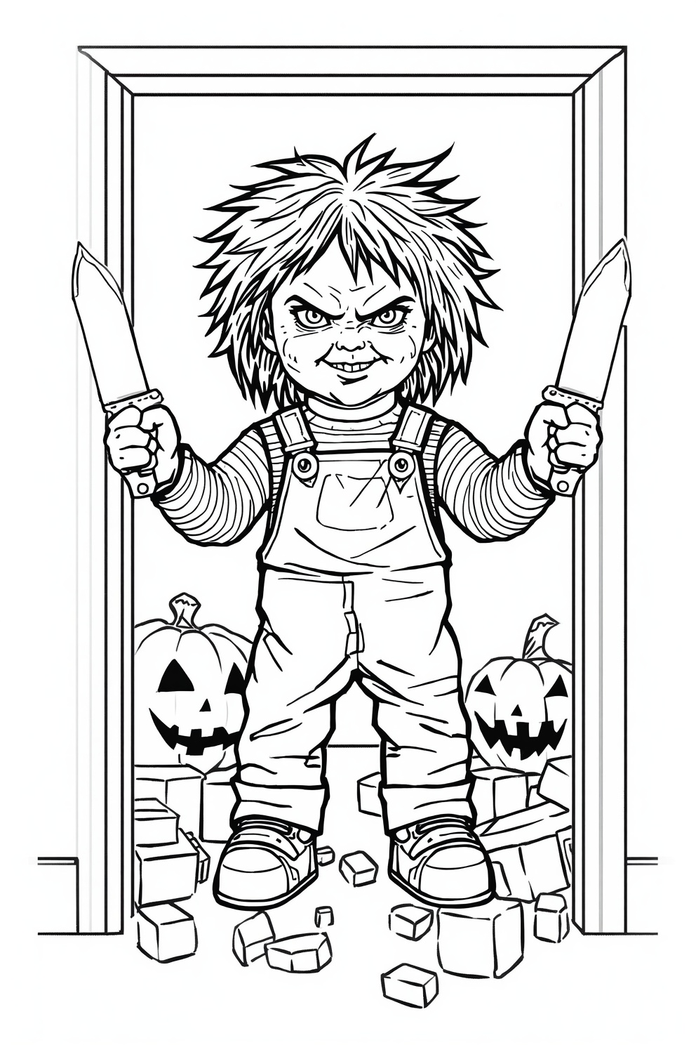 Chucky-like doll with spiky hair standing in a doorway, holding two knives, pumpkins and bricks on the floor.