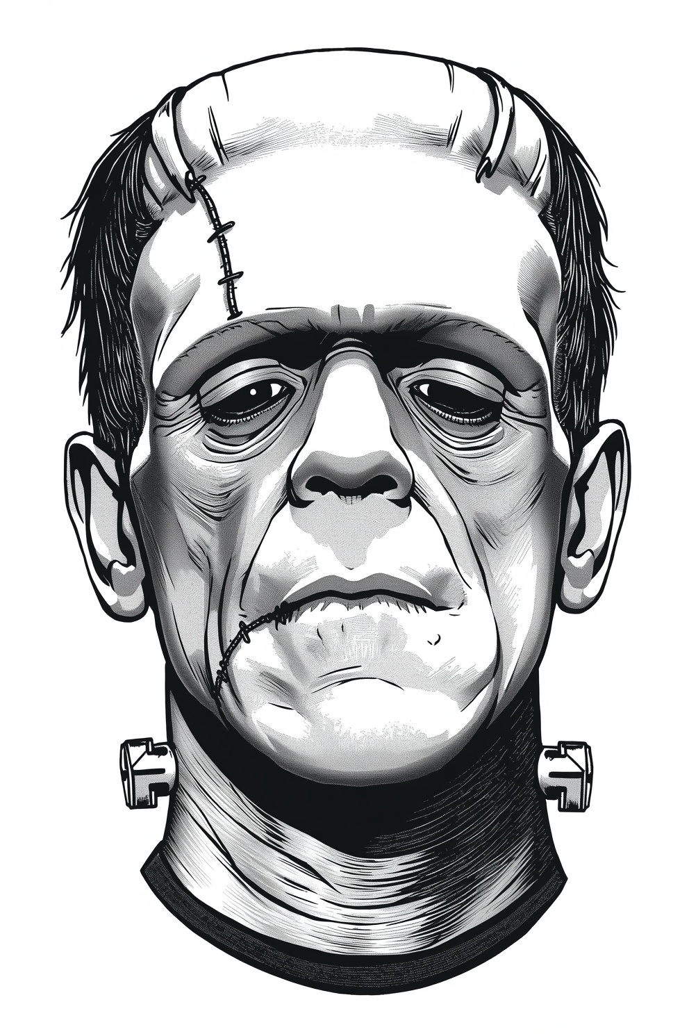 Front view illustration of Frankenstein's monster: square jaw, stitched forehead, and bolts in the neck in a bold black-and-white comic style.