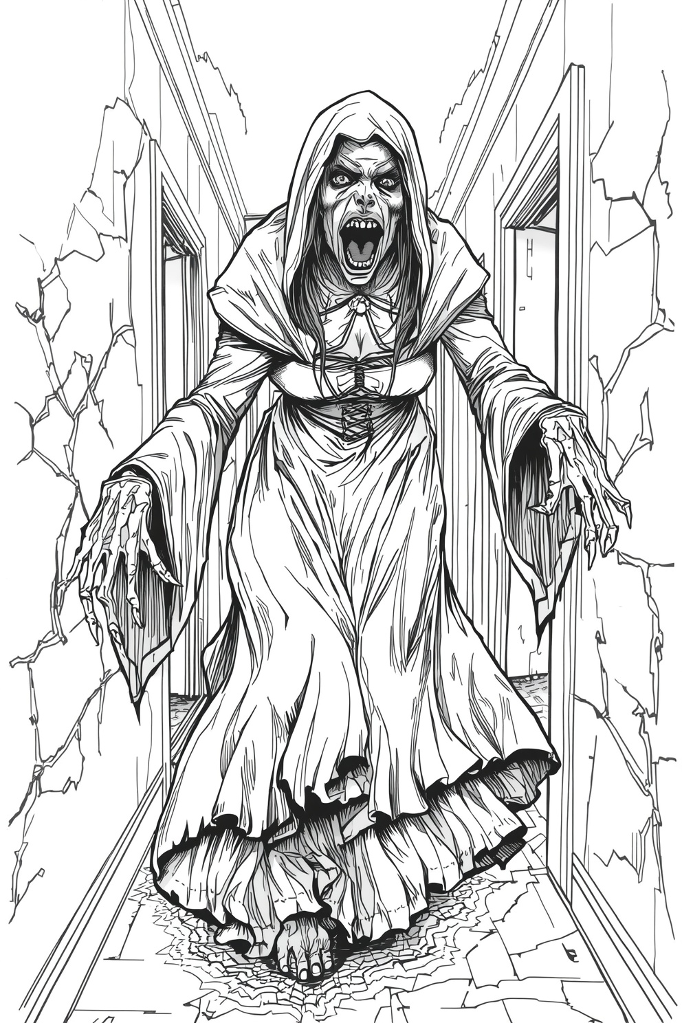Menacing ghostly nun in a flowing robe walks toward the viewer down a cracked hallway, reaching out with skeletal hands.