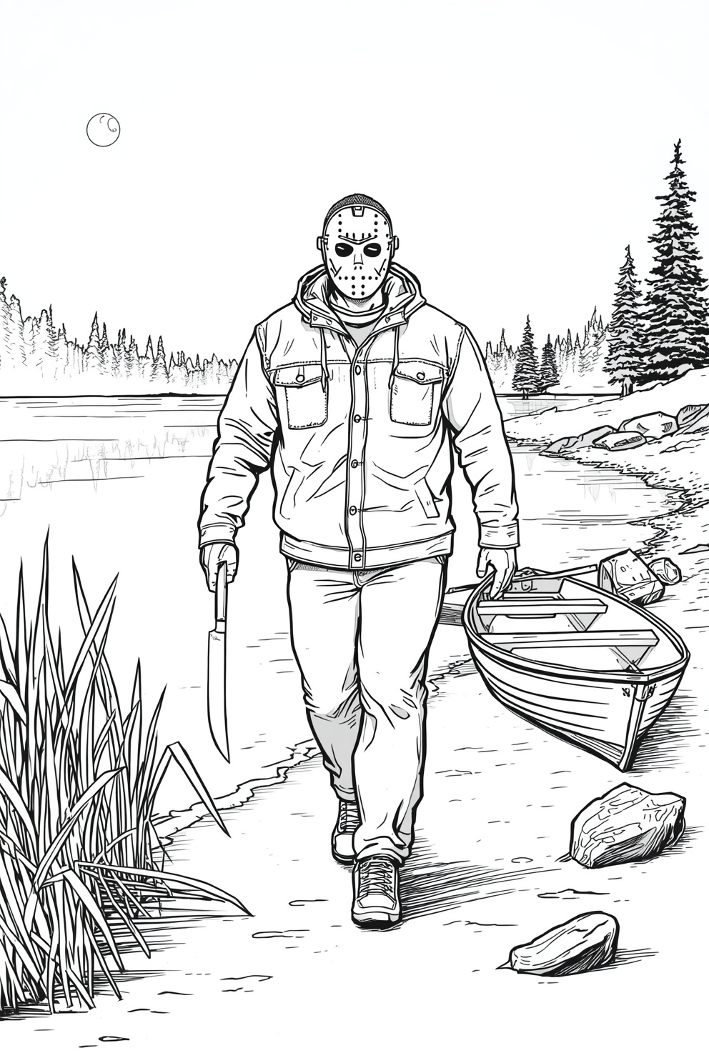 Man walking along a lakeshore wearing a hockey mask and heavy jacket, holding a machete, with a small rowboat on the shore.