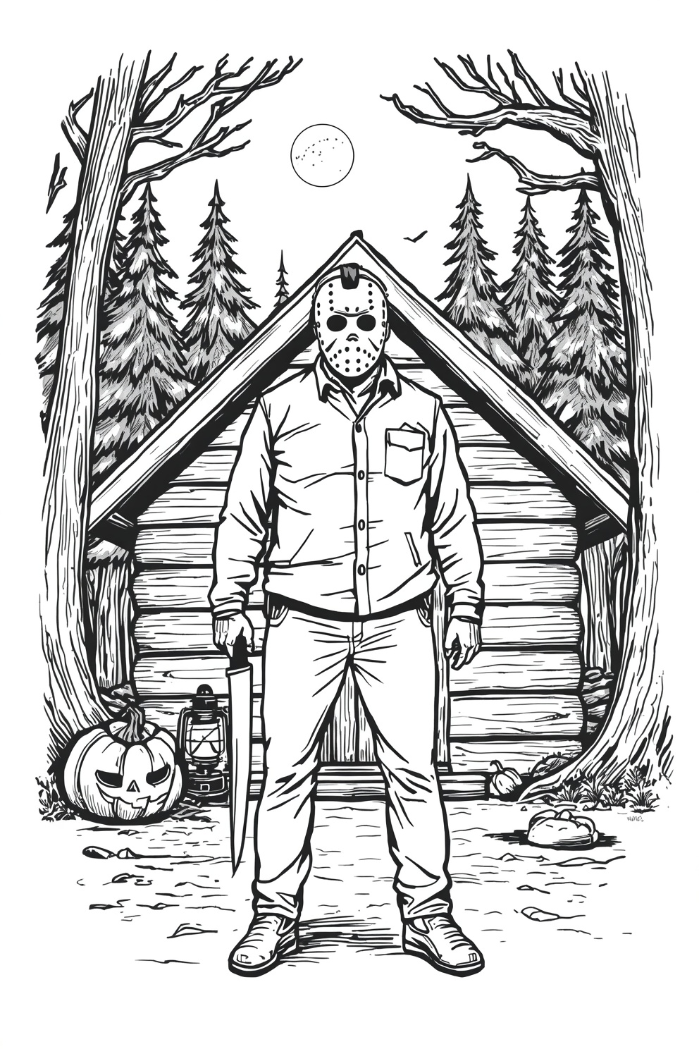 Man in a hockey mask and jacket stands before a log cabin in a pine forest, holding a machete; a carved pumpkin and lantern nearby.