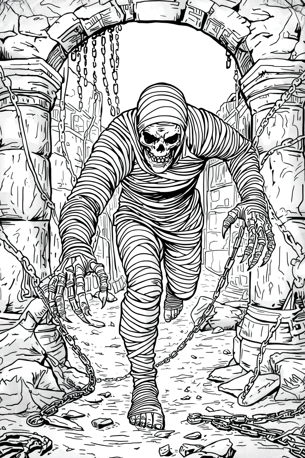 Undead mummy-like figure wrapped in bandages crawls through chained ruin archway.