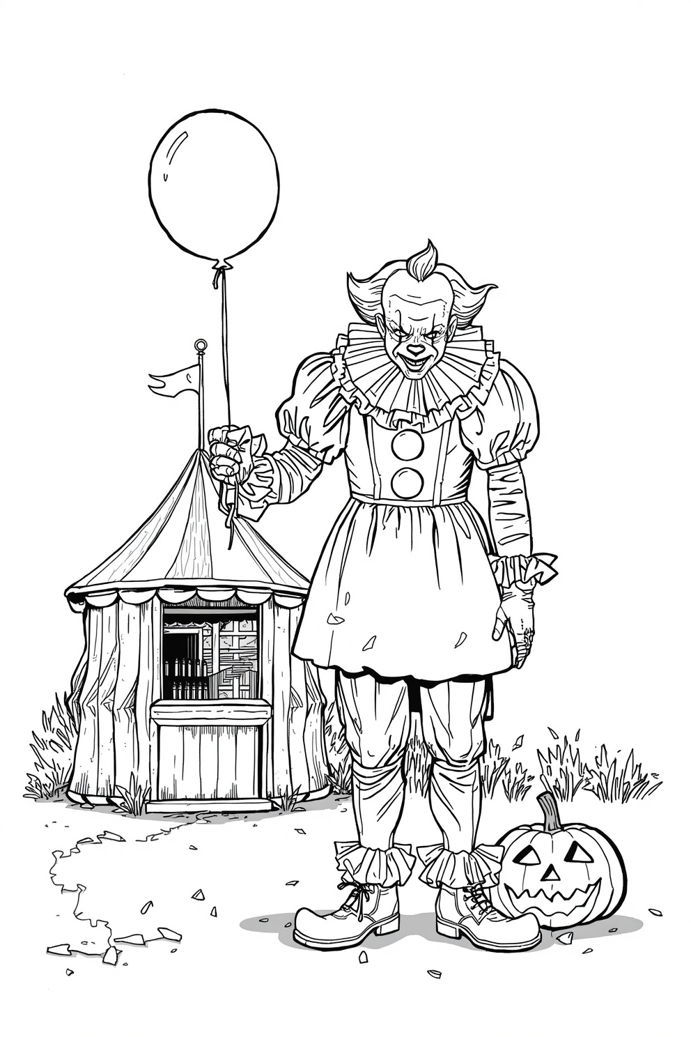 Pennywise grins beneath the lights of a creepy carnival in this unsettling Halloween coloring page. Enjoy the free printable for a spooky October activity.