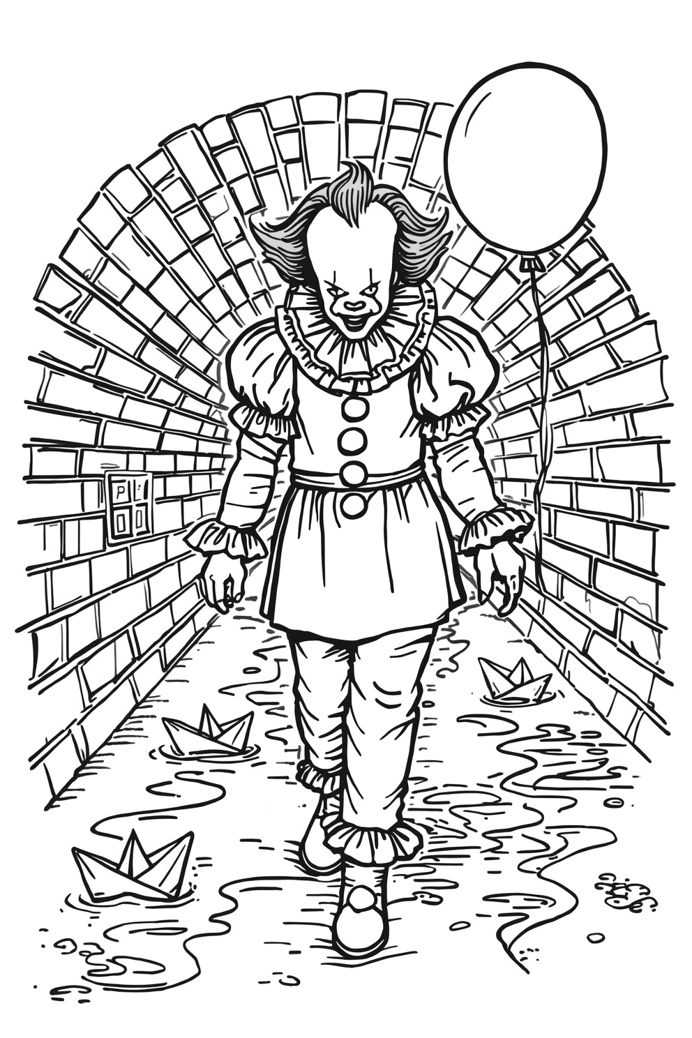 Pennywise lurks in a shadowy sewer, bringing the eerie atmosphere of It to this scary Halloween coloring page. Download the free printable