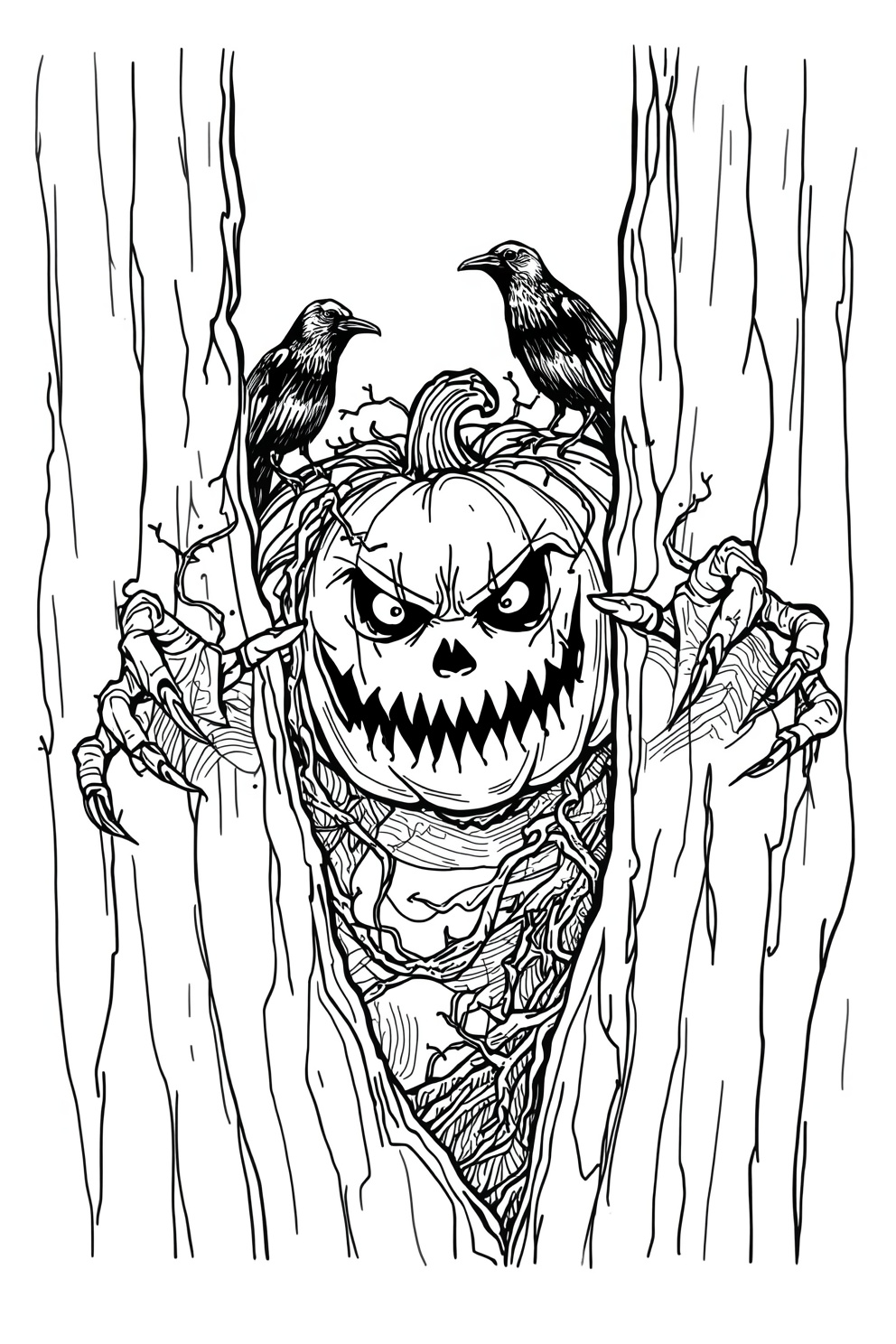 Jack-o'-lantern with a menacing grin peeking from a tree hollow, flanked by two crows perched above.