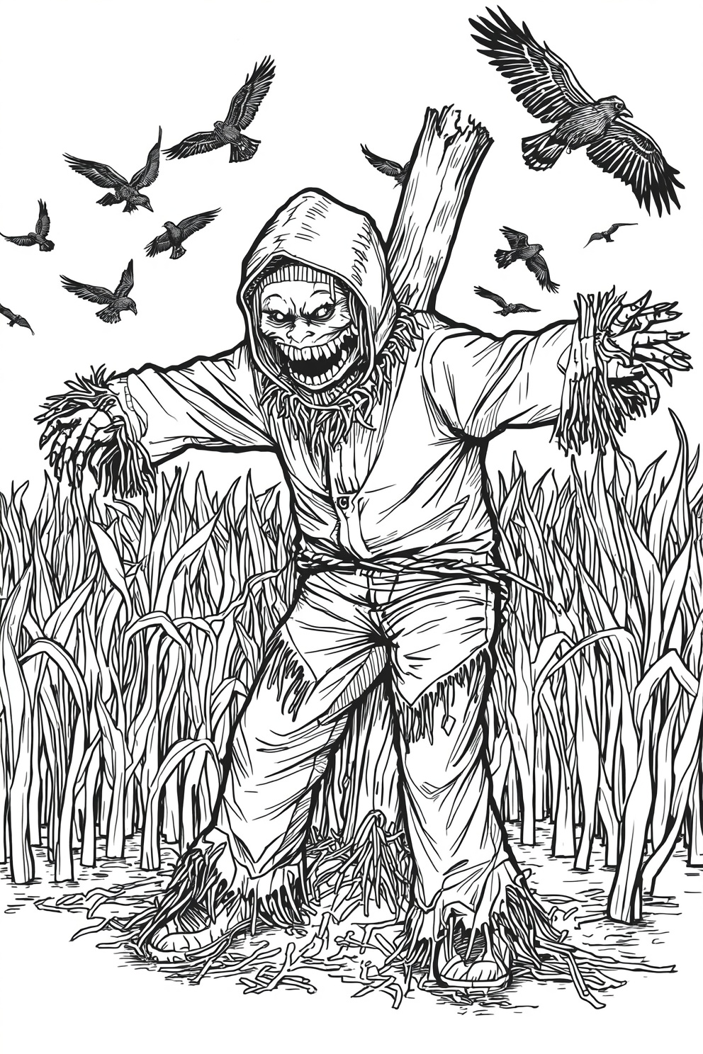 A menacing scarecrow with a hood and stitched face stands in a tall cornfield, with crows flying overhead.