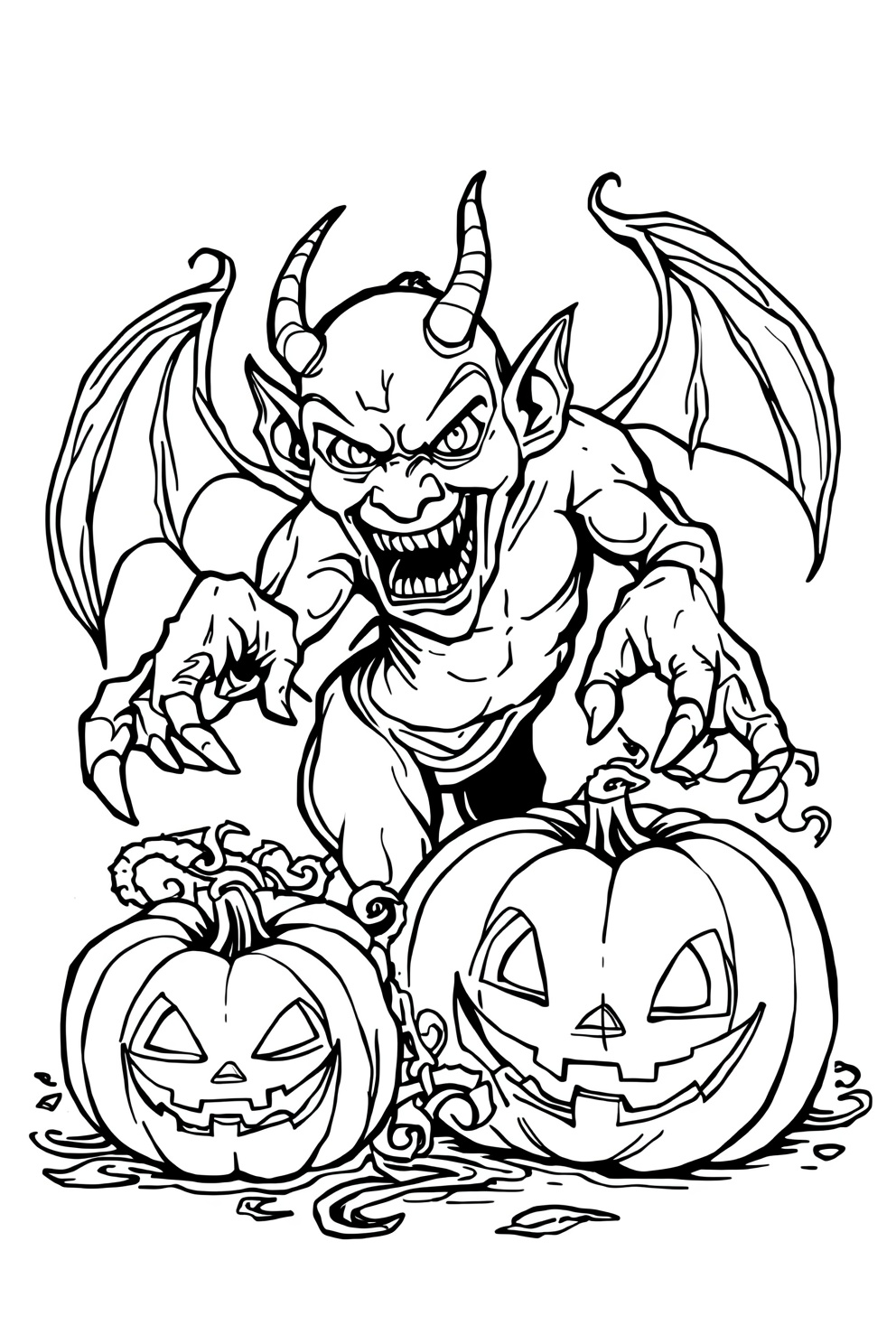 A menacing devil with wings and horns lunges toward two carved pumpkins, ready to scare on Halloween.