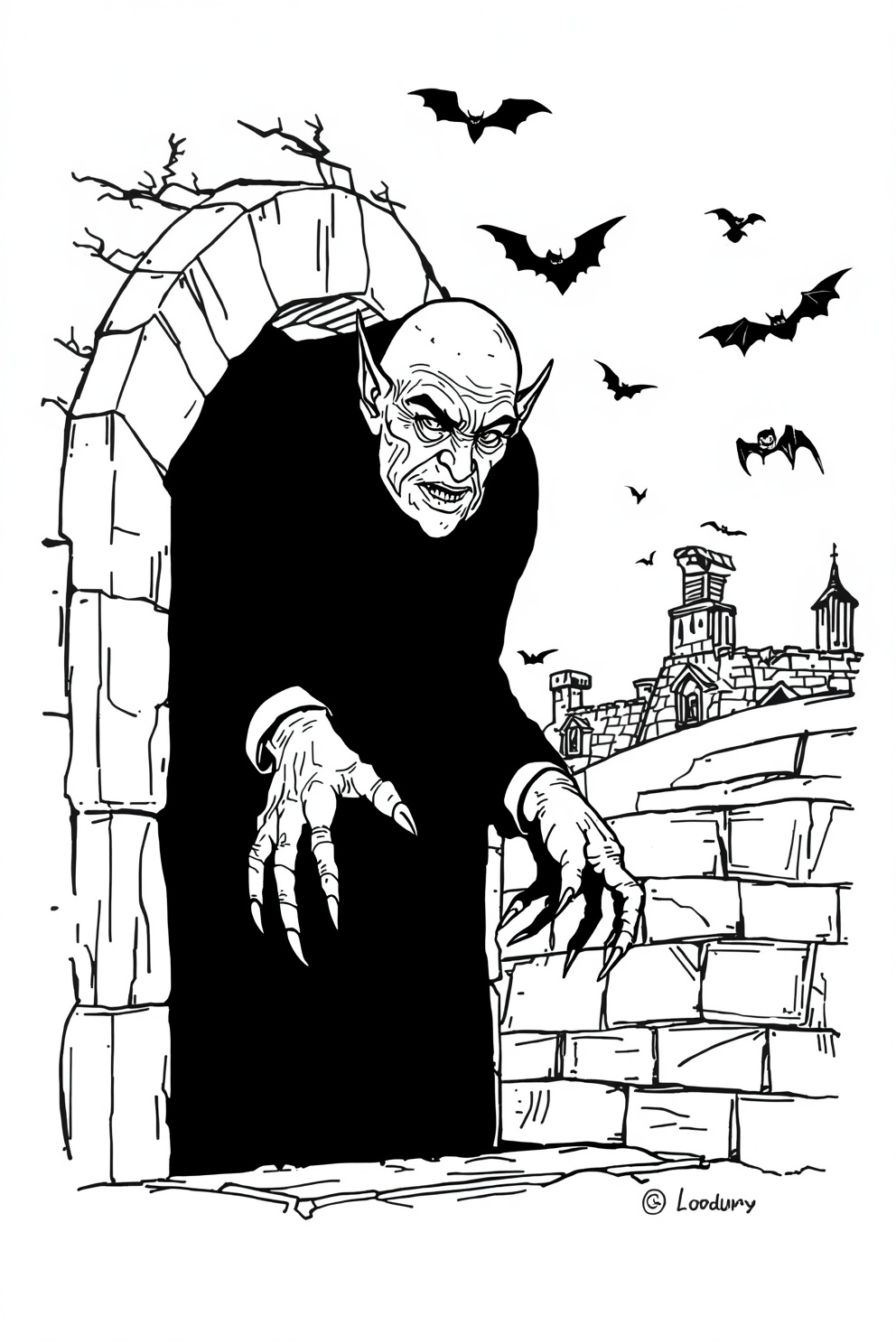 A scary, bald vampire in a black robe crawls out of a crumbling stone archway as bats fly overhead among ruined buildings.