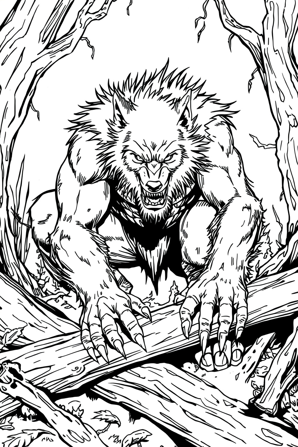 Werewolf on all fours snarling, claws gripping a log in a dense forest.