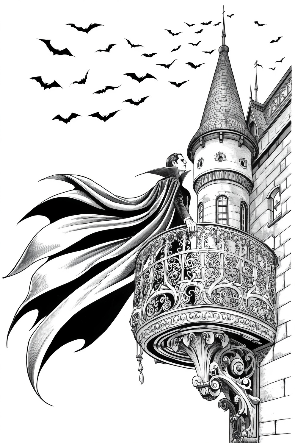 Vampire in a dark cape stands on an ornate gothic balcony of a castle, bats flying in the sky.
