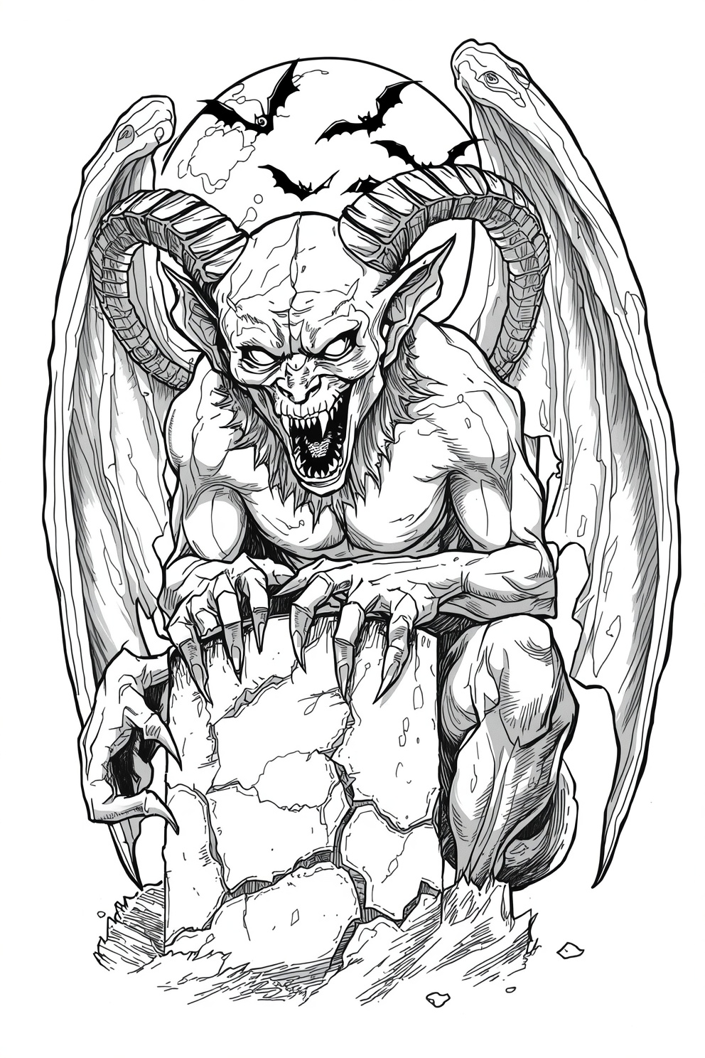 Horned demon with large bat-like wings crouches on cracked rock, snarling with a wide-open mouth.