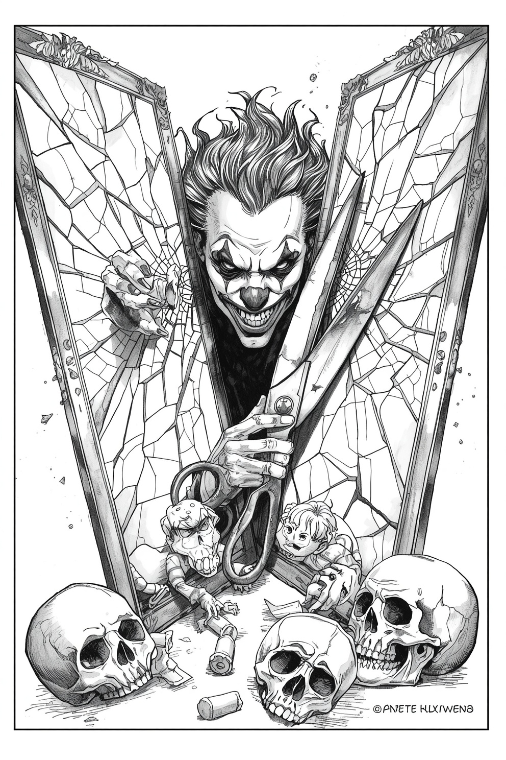 Joker with a maniacal grin bursts through cracked mirror panels, gripping giant scissors; skulls lie on the floor.