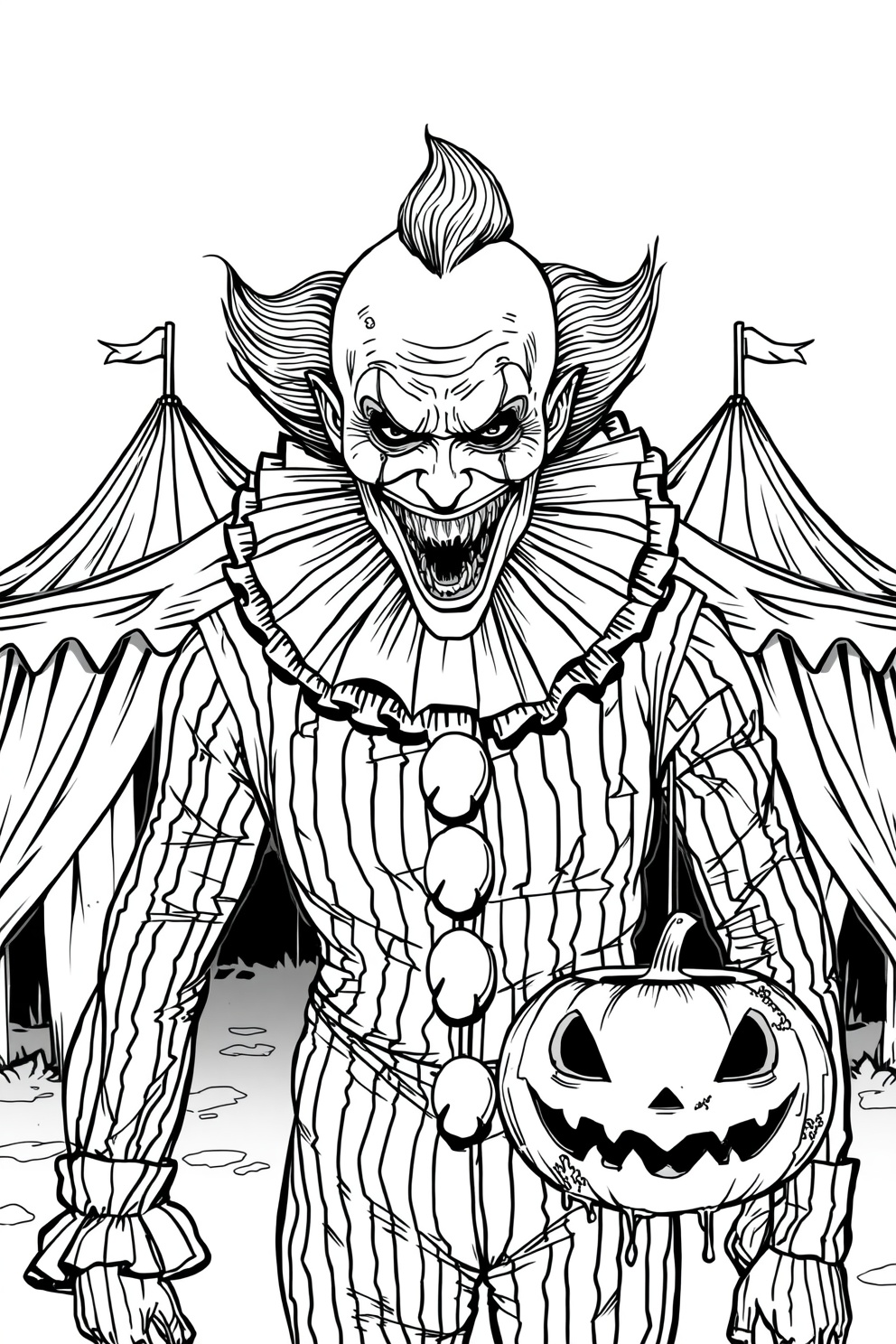 Menacing clown in a striped outfit grips a carved jack-o'-lantern amid open circus tents, Halloween scene.