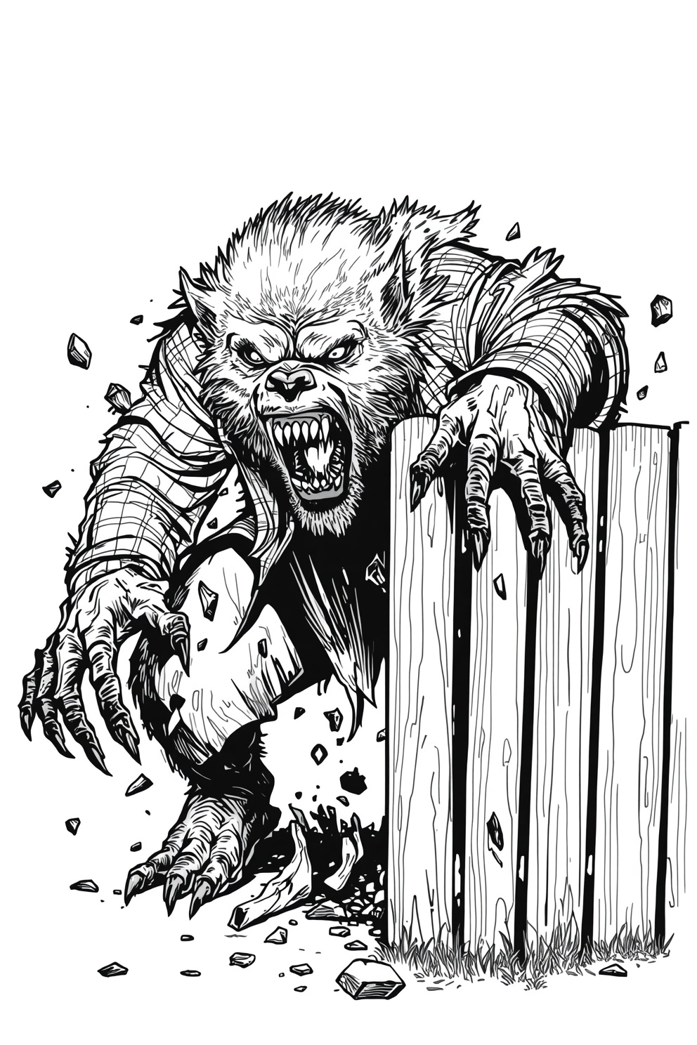Angry werewolf bursts through a wooden fence, claws extended and teeth bared.