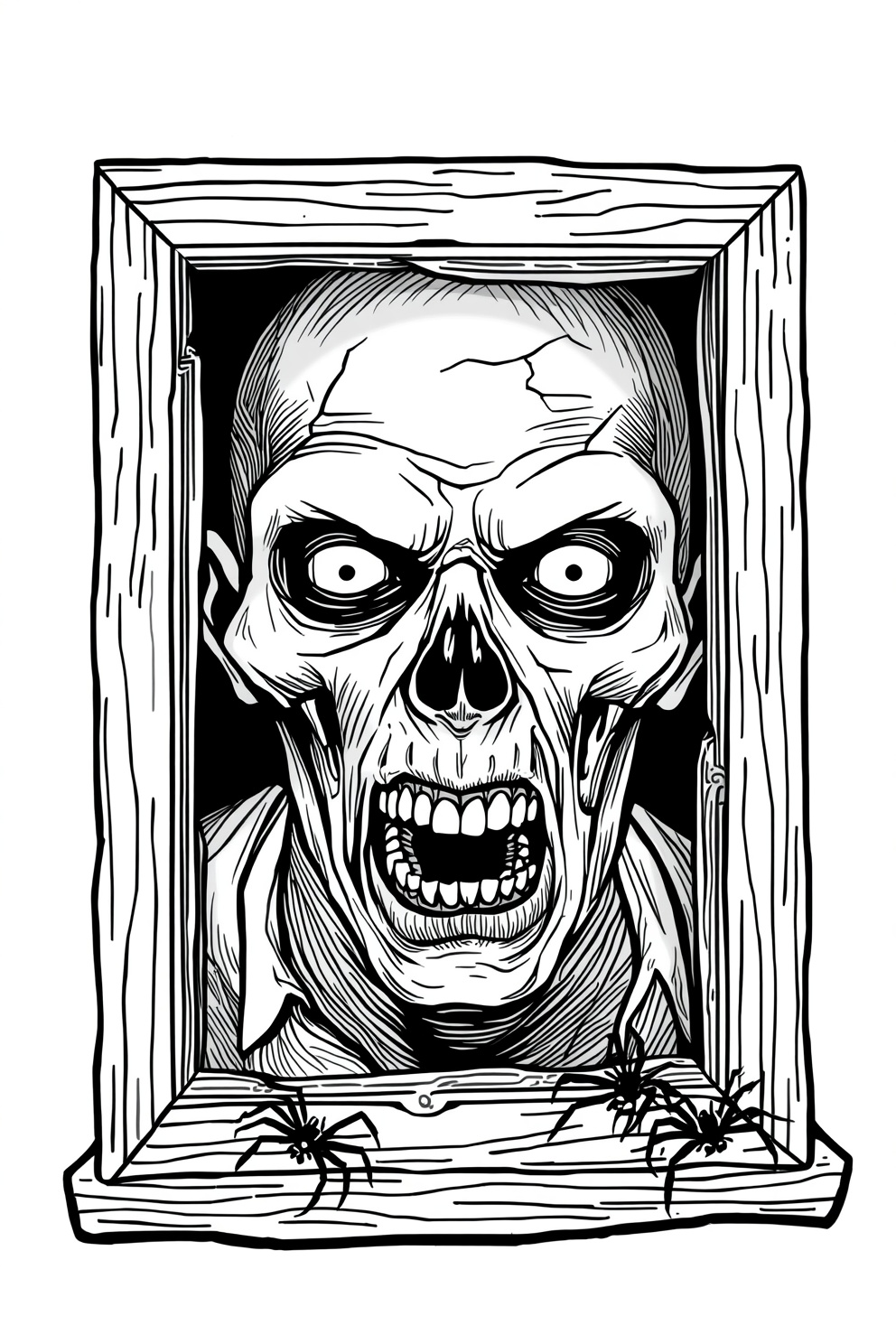 Skull head framed in a rough wooden picture frame, with two spiders on the bottom edge.