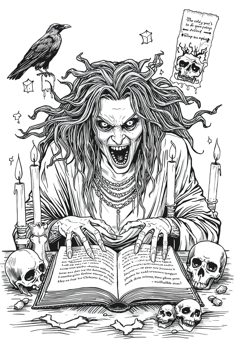 A menacing witch with wild hair and bared teeth leaning over an open spellbook, surrounded by skulls, candles, and a perched Raven above.