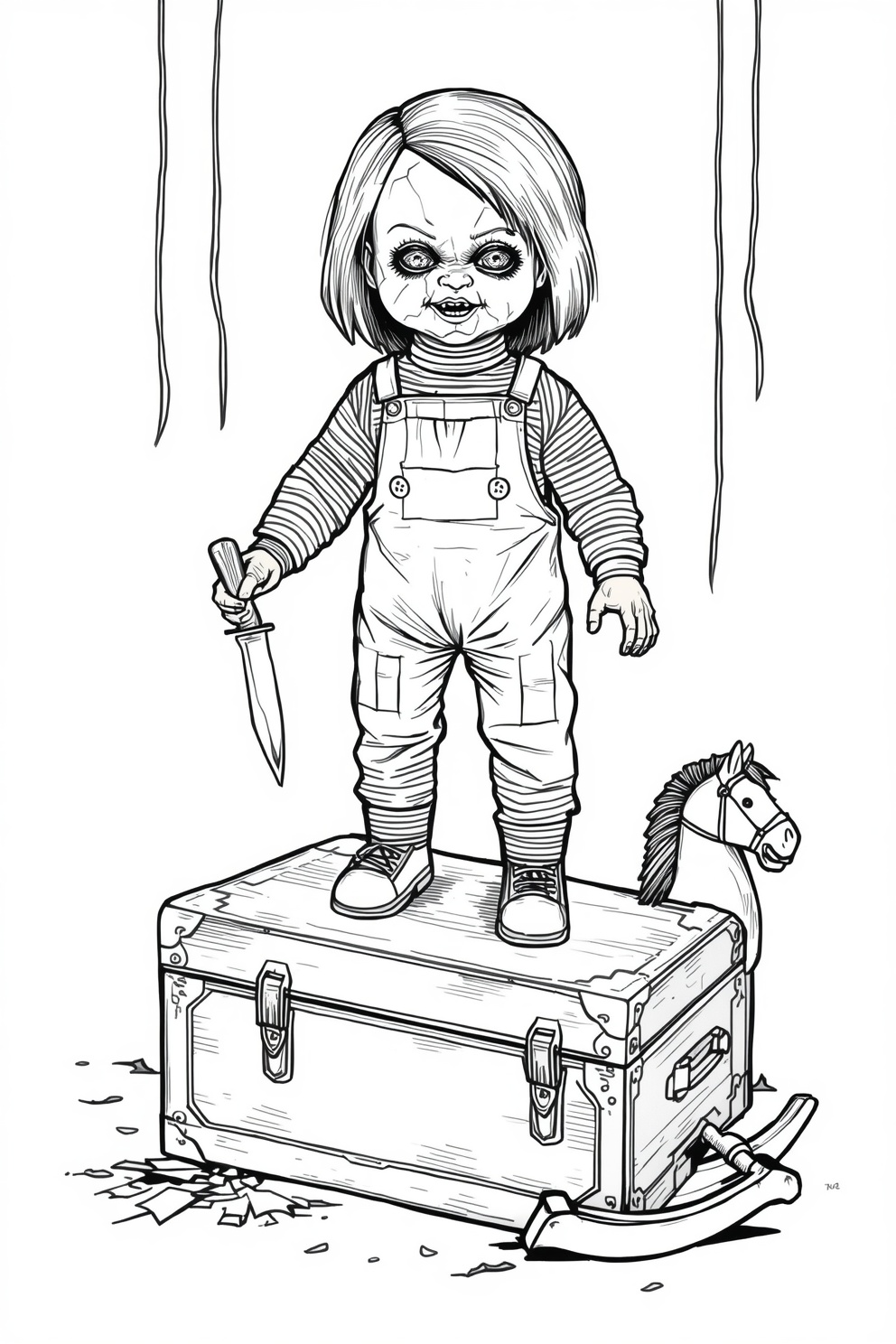 A creepy doll-like child figure stands on a wooden trunk, holding a large knife with a menacing grin and cracked face.