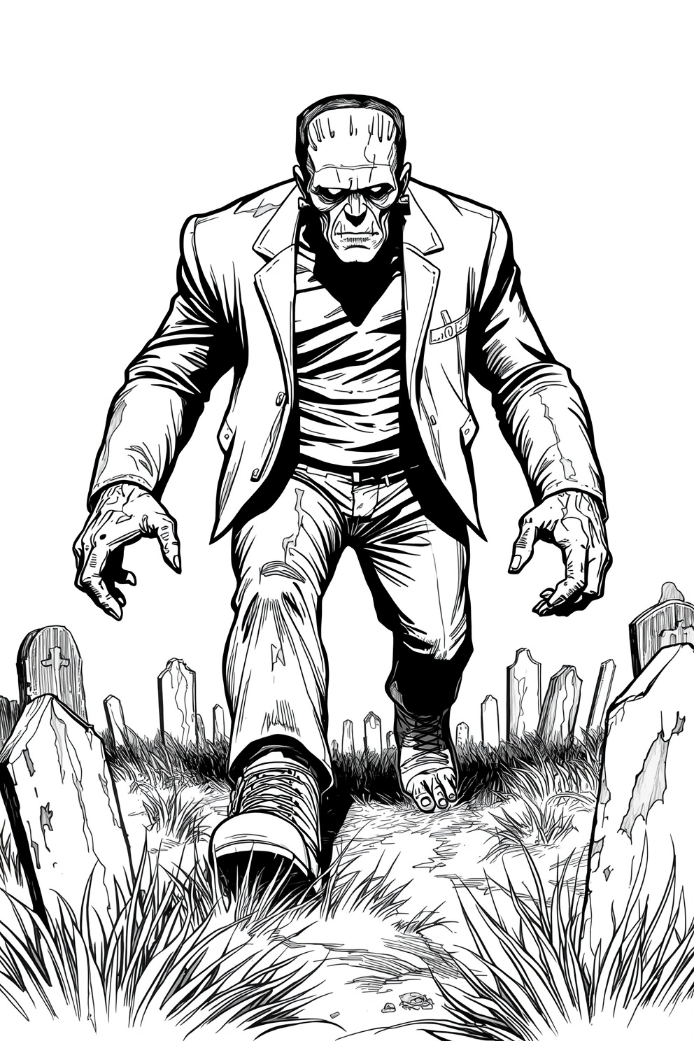 Frankenstein's Monster staggers through a graveyard, arms outstretched toward the viewer.