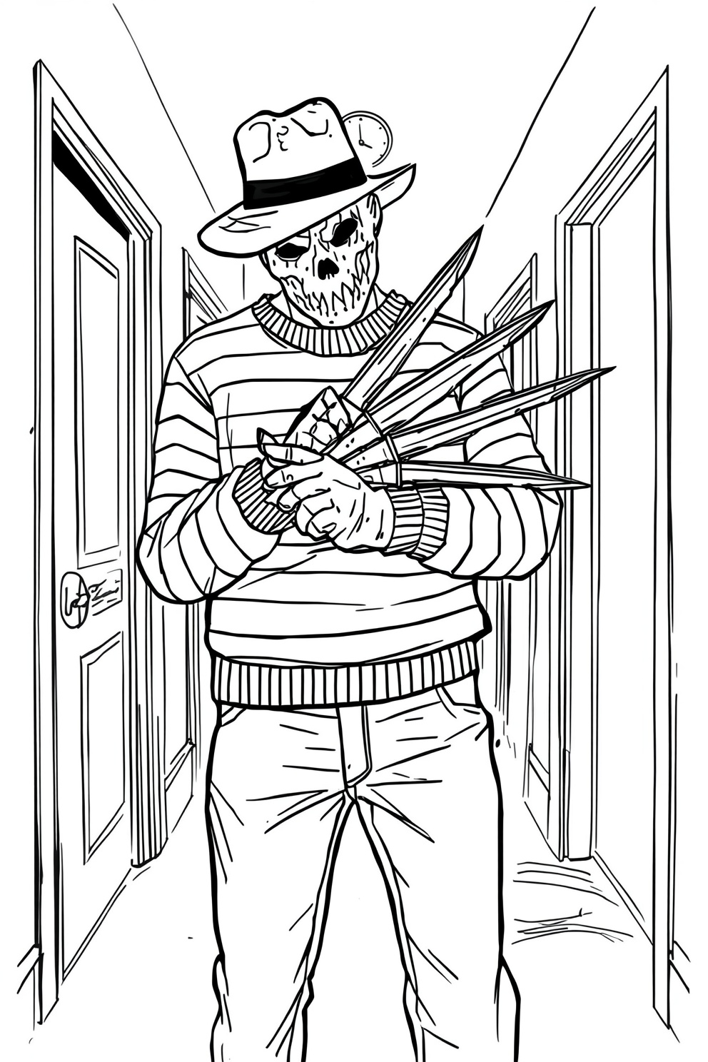 Skeleton figure in a striped sweater and fedora stands in a hallway, gripping a bladed glove with long blades extended from the hand.