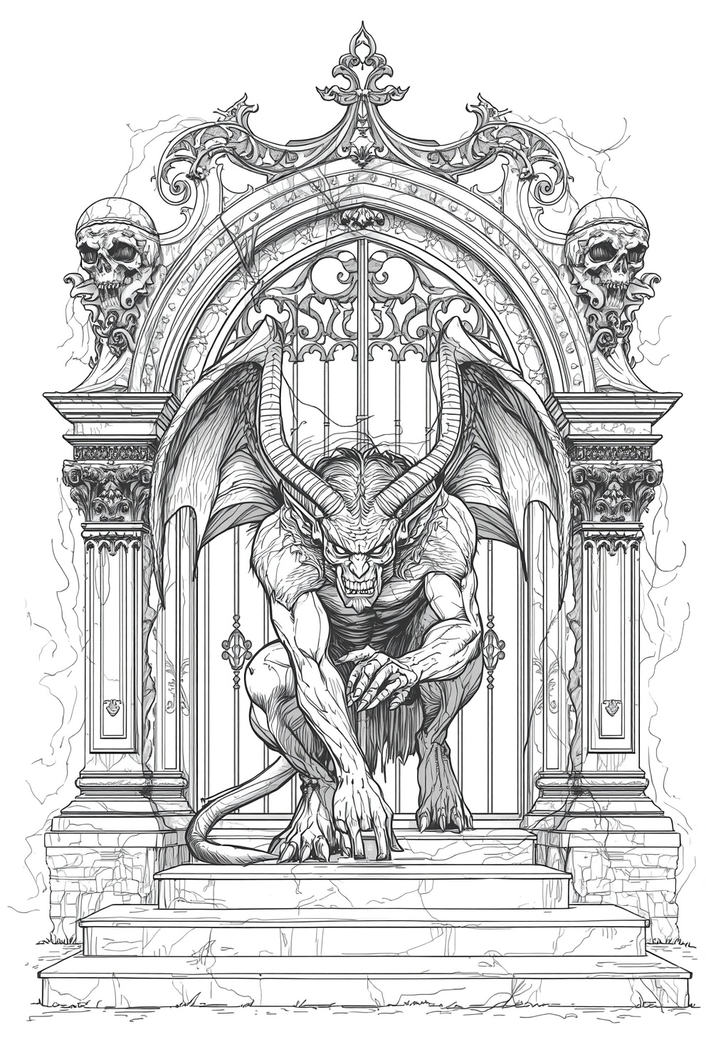 Horned demon with wings crouches on marble steps before a gothic arch and skull-adorned pillars.