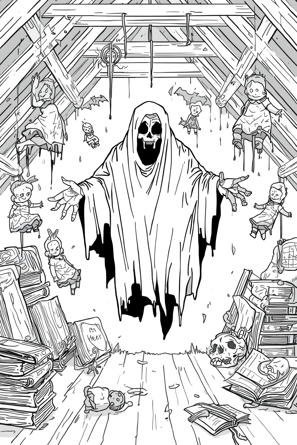 A spooky ghost in a tattered cloak floats in a dusty attic filled with dolls, books, and bones, reaching out as if haunting the room.
