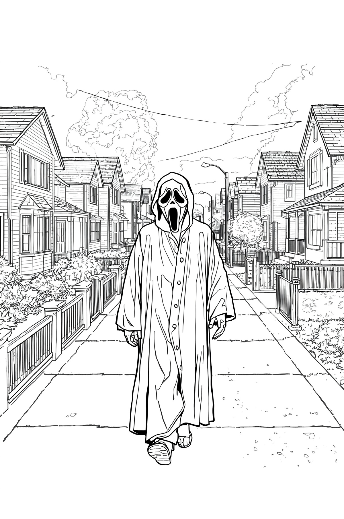 Person in a long robe wearing a Ghostface mask walking down a quiet suburban street lined with houses.