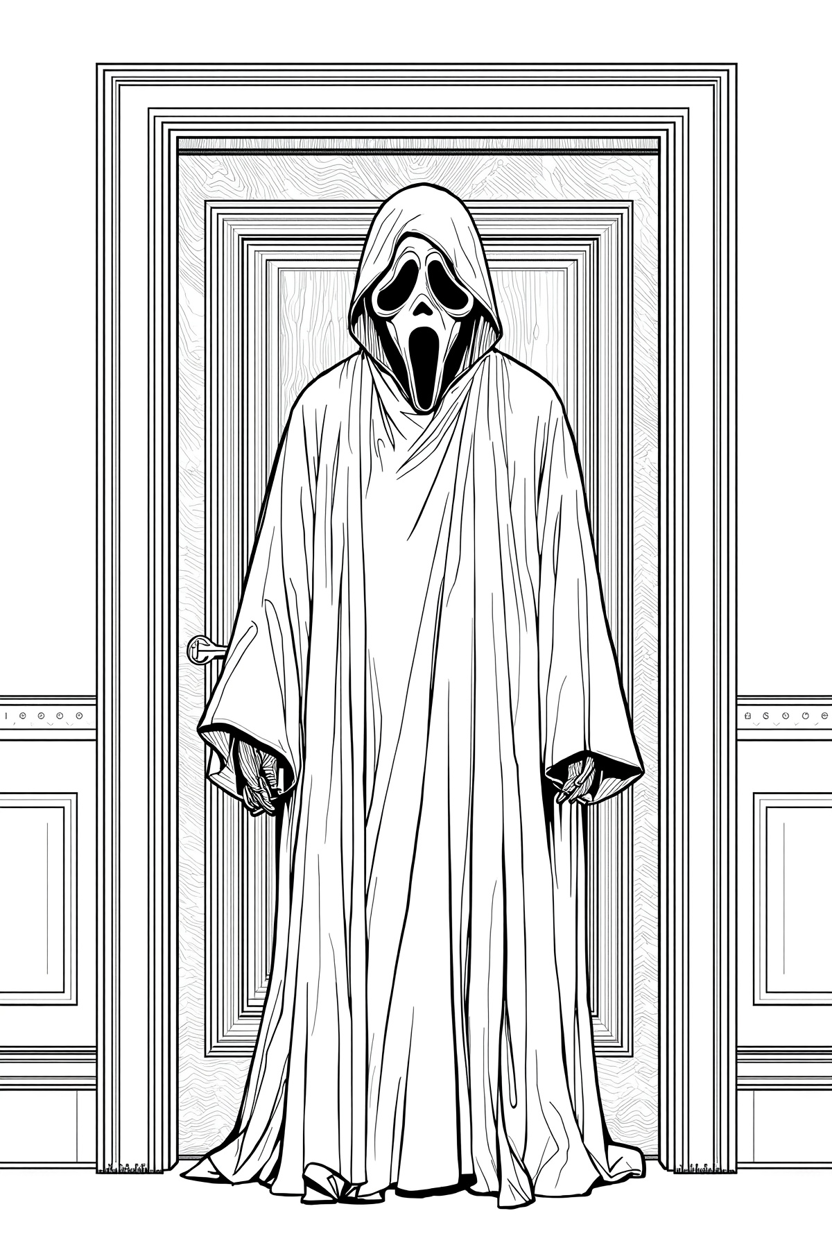 Tall ghostly figure in a hooded robe stands in a doorway, its elongated mask open in a scream.