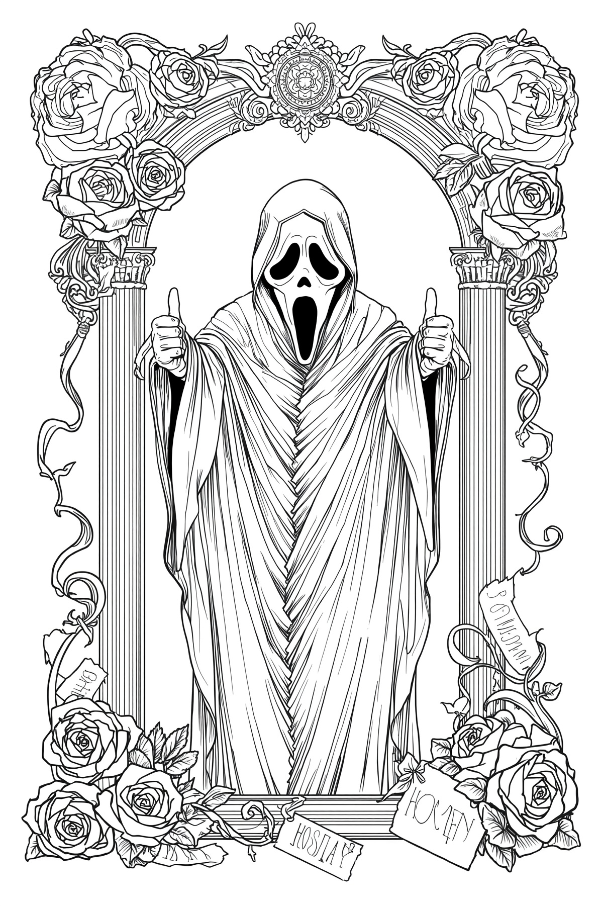 Line drawing of a ghostly hooded figure giving two thumbs up inside an ornate frame adorned with roses.