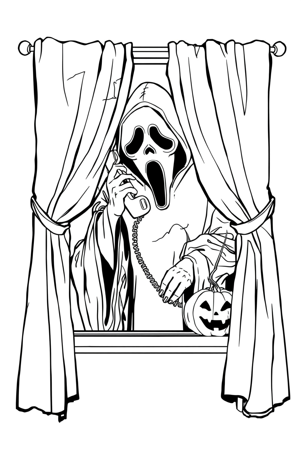 Halloween scene with Ghostface in a hooded robe at a window, speaking on a landline, a carved pumpkin beside the sill, framed by curtains.