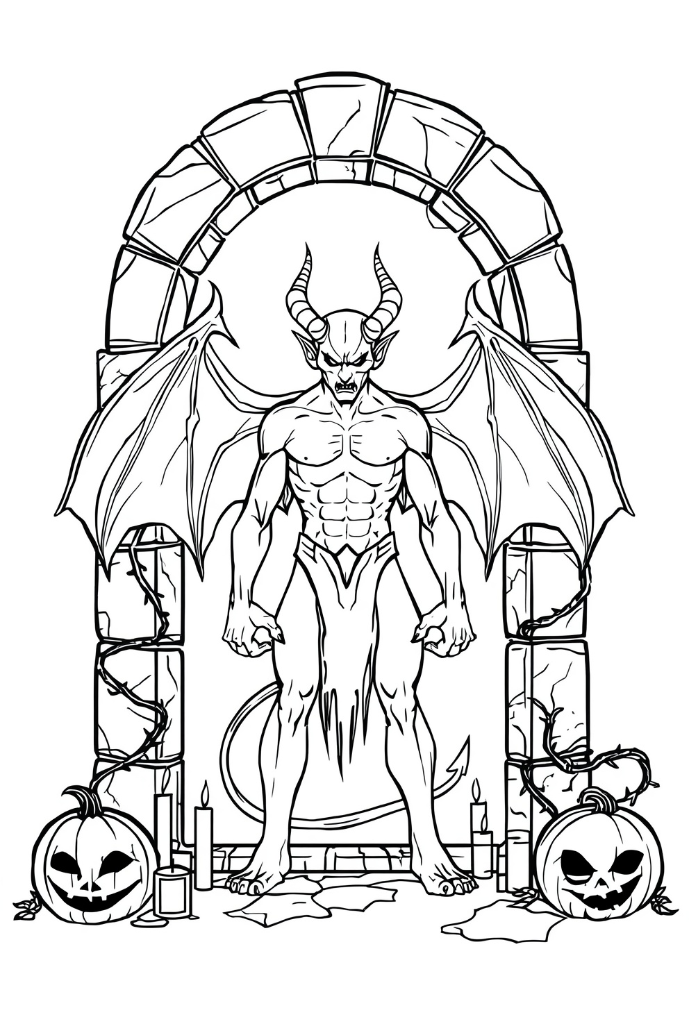 Demonic humanoid with large bat wings and curved horns stands before a stone arch, flanked by pumpkins and candles for a Halloween scene.