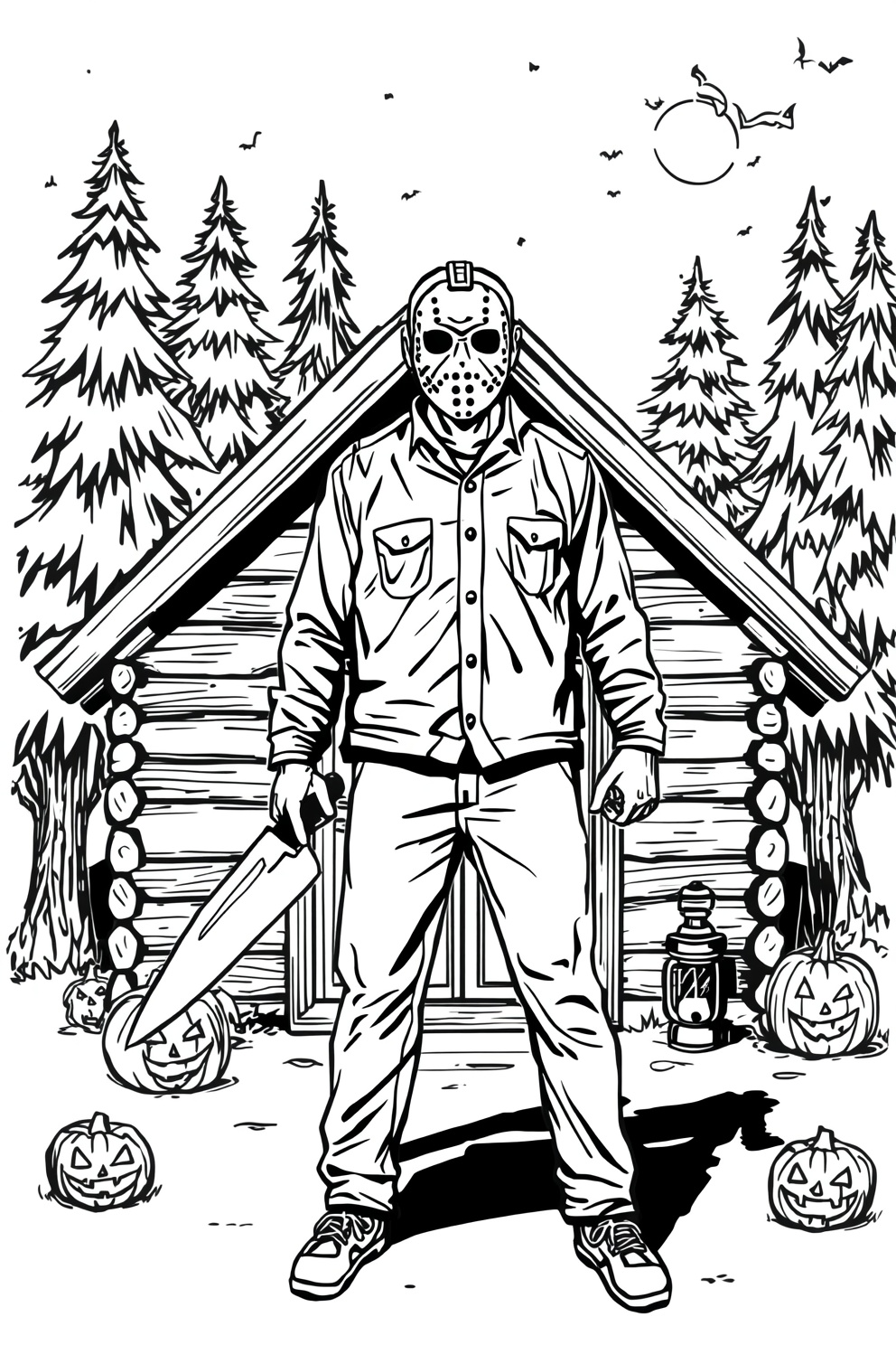 Person in a hockey mask and jacket stands with a large machete in front of a log cabin, pumpkins at his feet, Halloween scene.