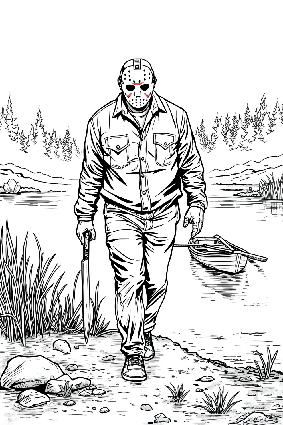 Man wearing a hockey-mask headpiece walks along a rocky lakeshore, carrying a machete and dragging a small rowboat nearby.