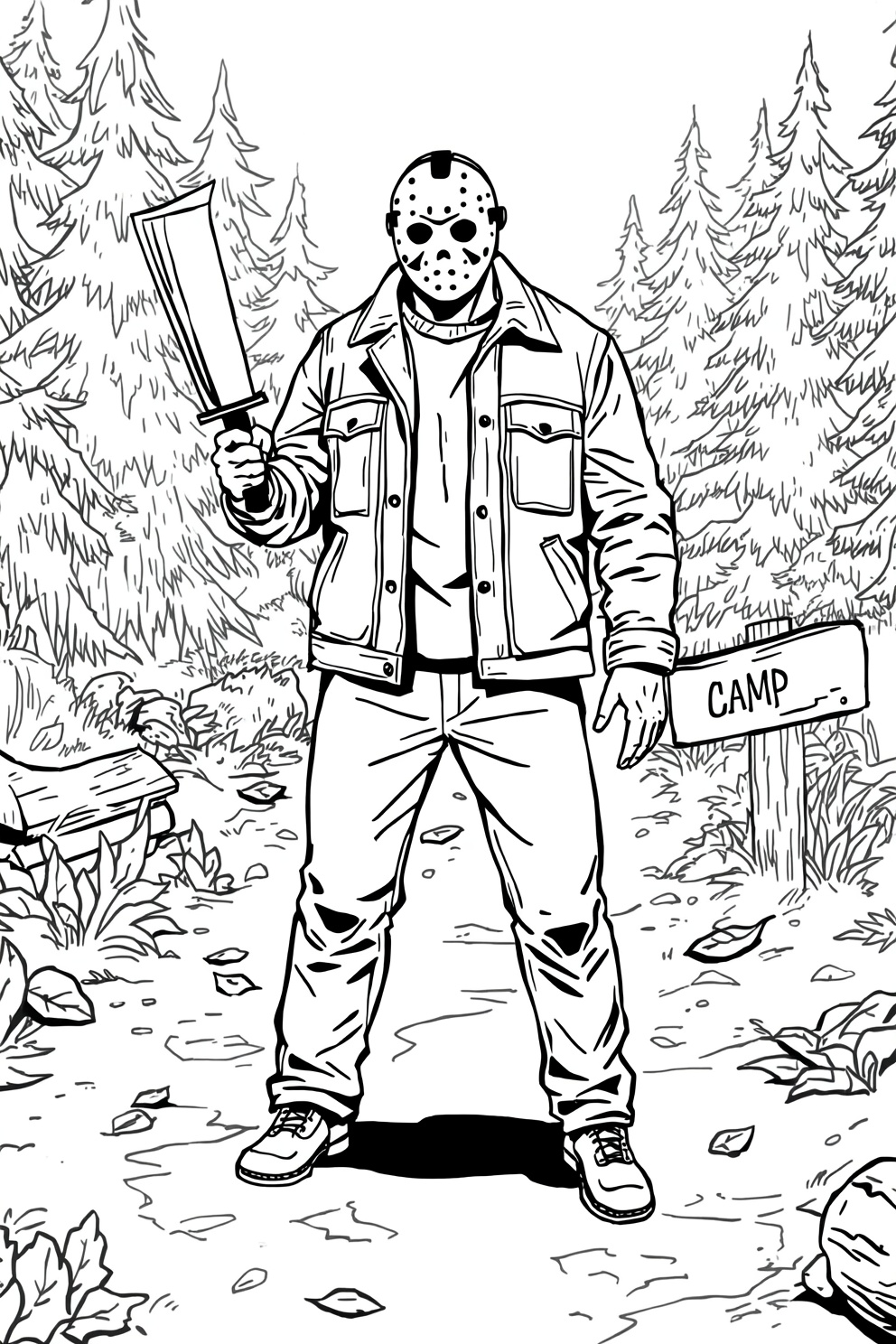 Hockey-masked killer in a jacket stands in a pine forest, gripping a machete beside a CAMP sign.
