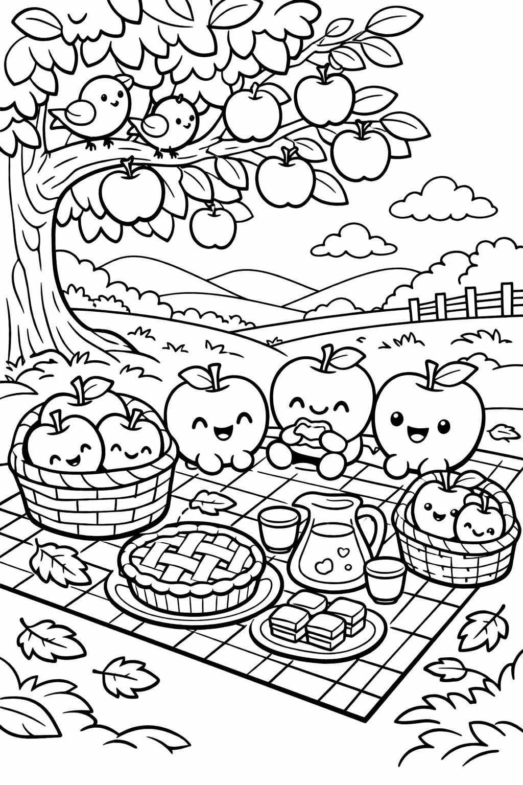 cheerful apples picnic under a tree: baskets of apples, a pie, lemonade jug, and snacks on a checkered blanket