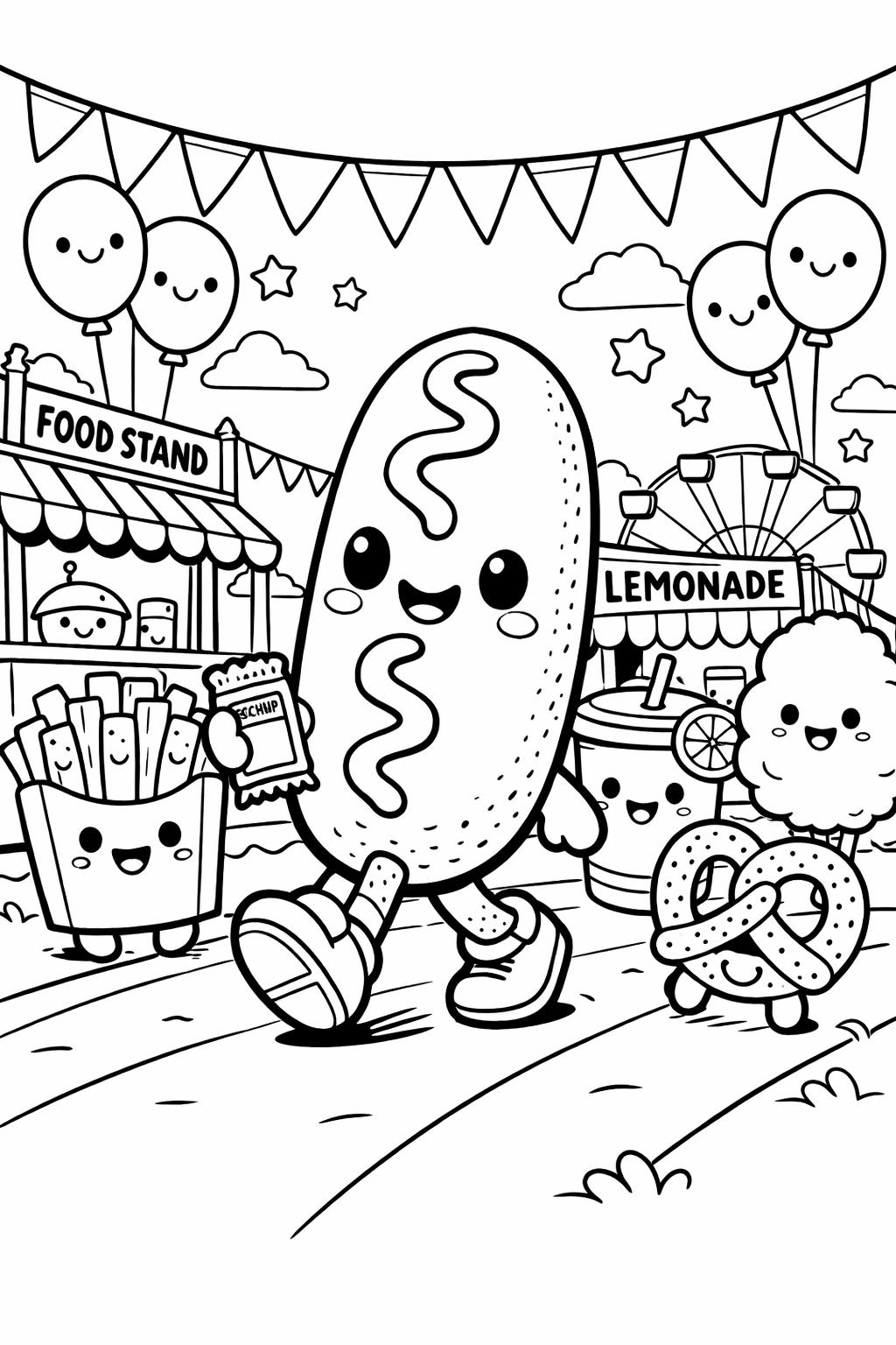Cheerful cartoon hot dog with shoes walking at a carnival, surrounded by fries, pretzel, lemonade stand, balloons, and a Ferris wheel in the background.