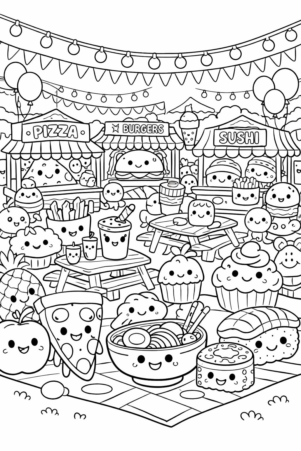 kawaii food coloring pages | adorable food illustrations | printable coloring activity