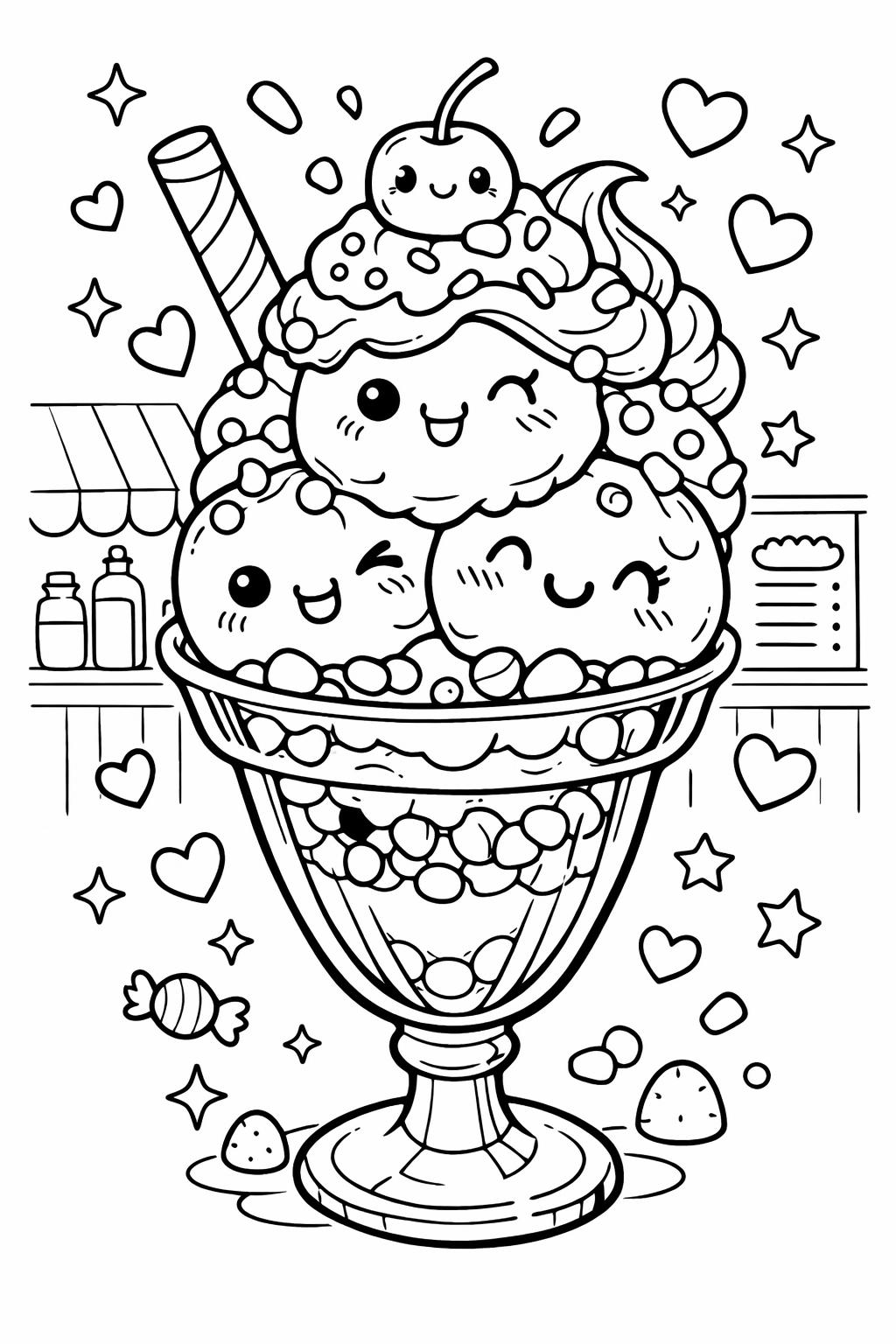 kawaii food doodle coloring page | cute food illustrations | creative printable coloring sheet