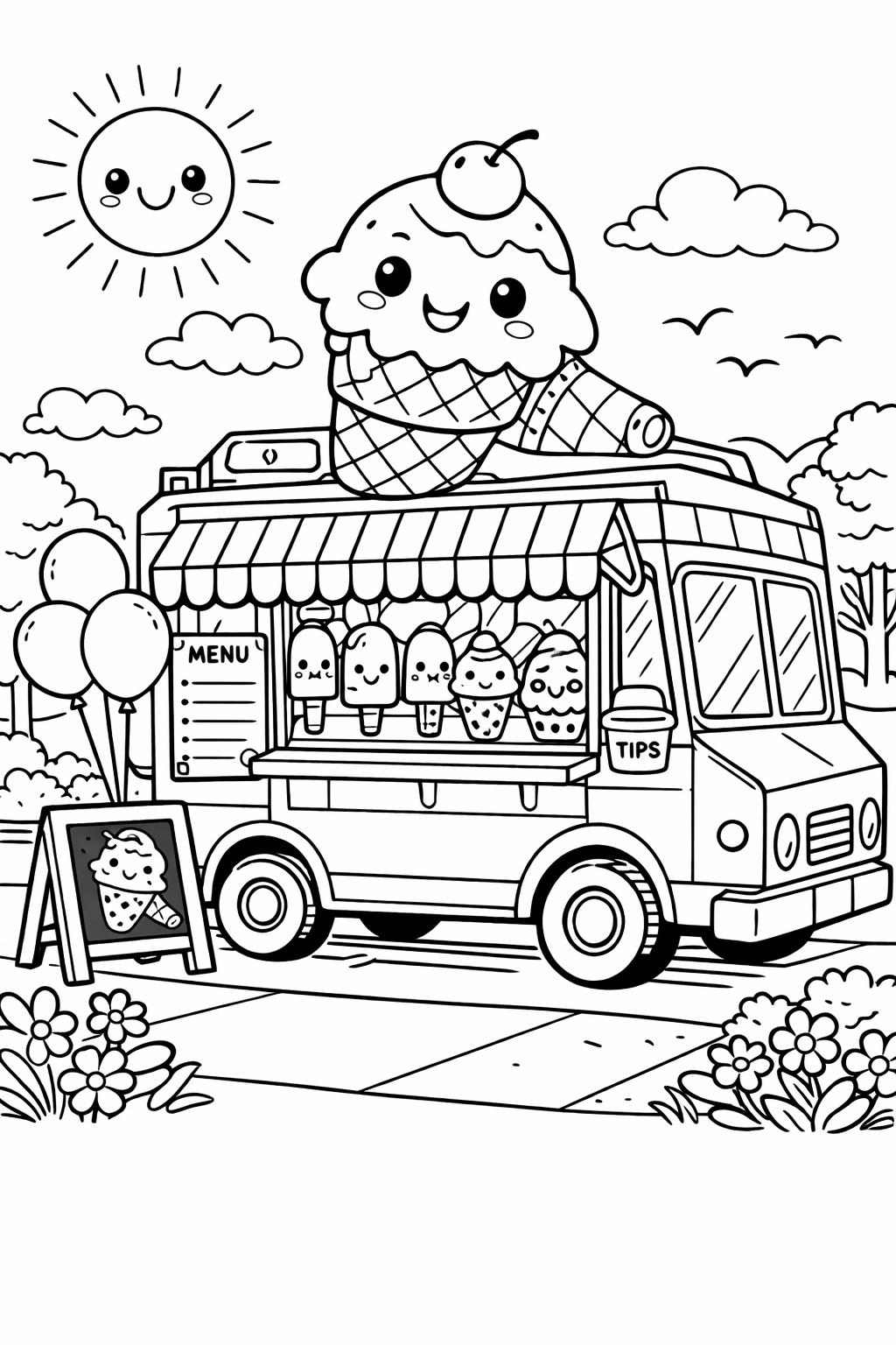cute food coloring page | kawaii printable artwork | kids and adults coloring sheet