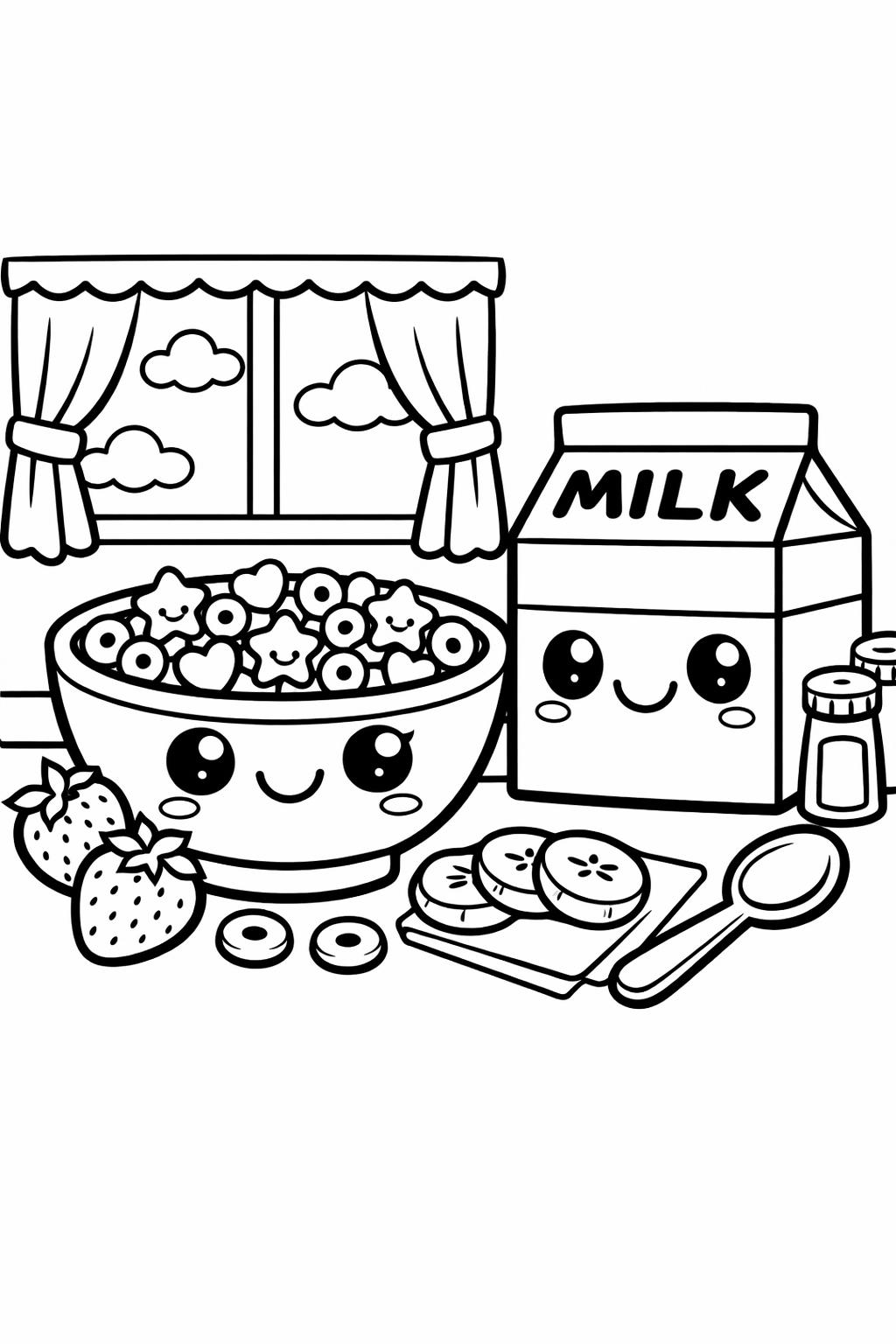 kawaii noodles coloring page | adorable noodle dish | printable food coloring sheet